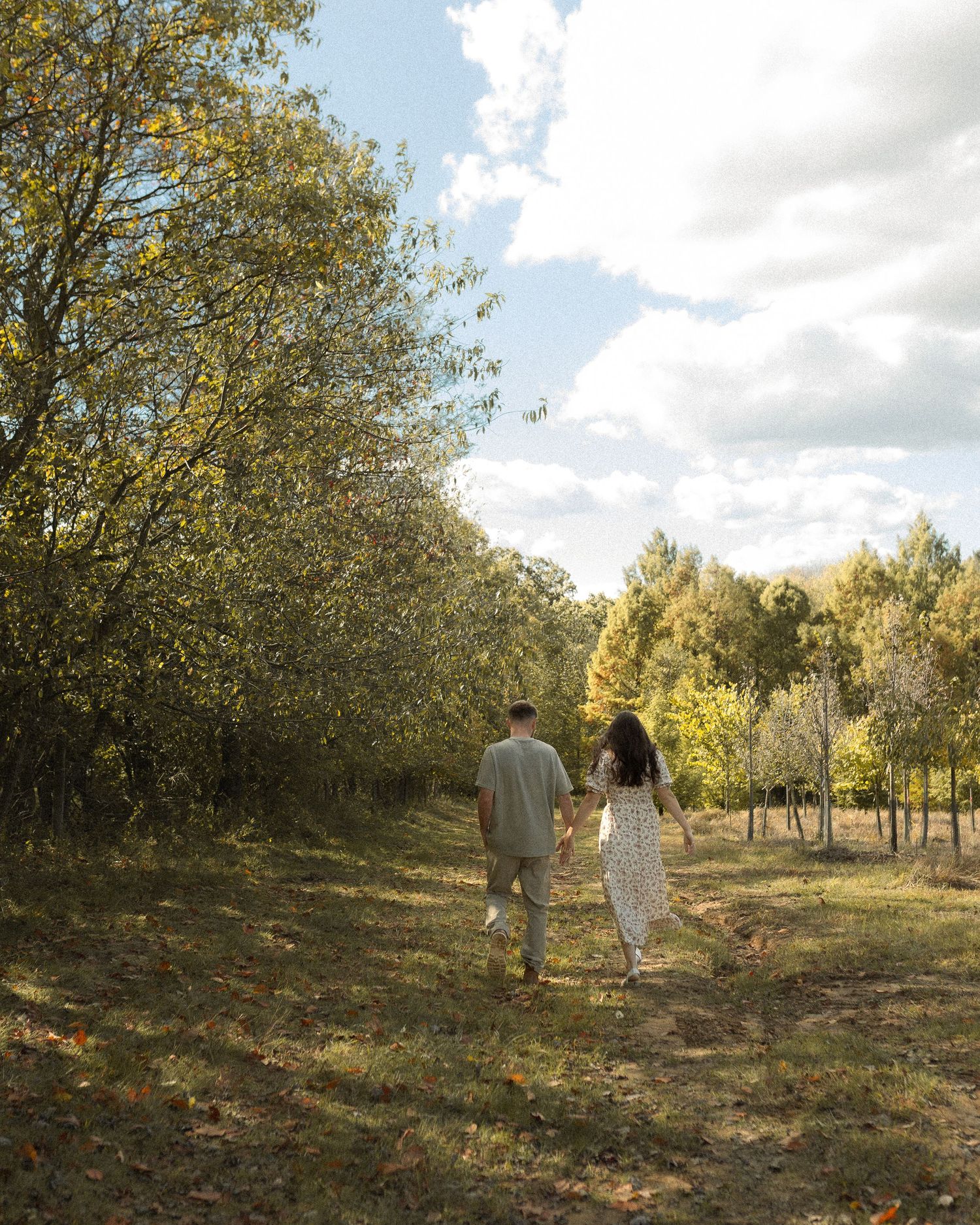Two people walk together through a sunlit orchard with trees casting long shadows on the grassy ground.