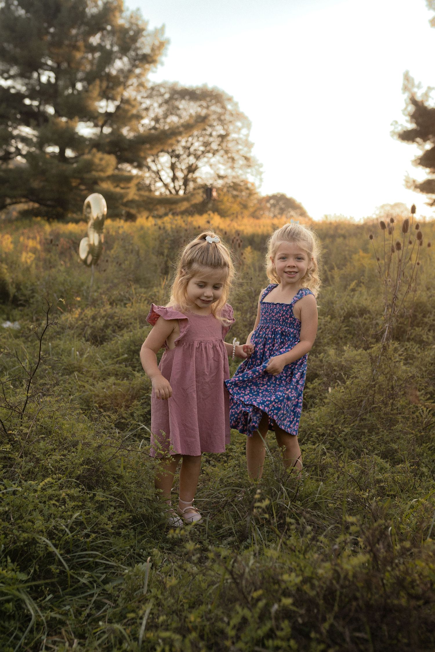 Two children in summer dresses explore together in wild meadow at sunset.
