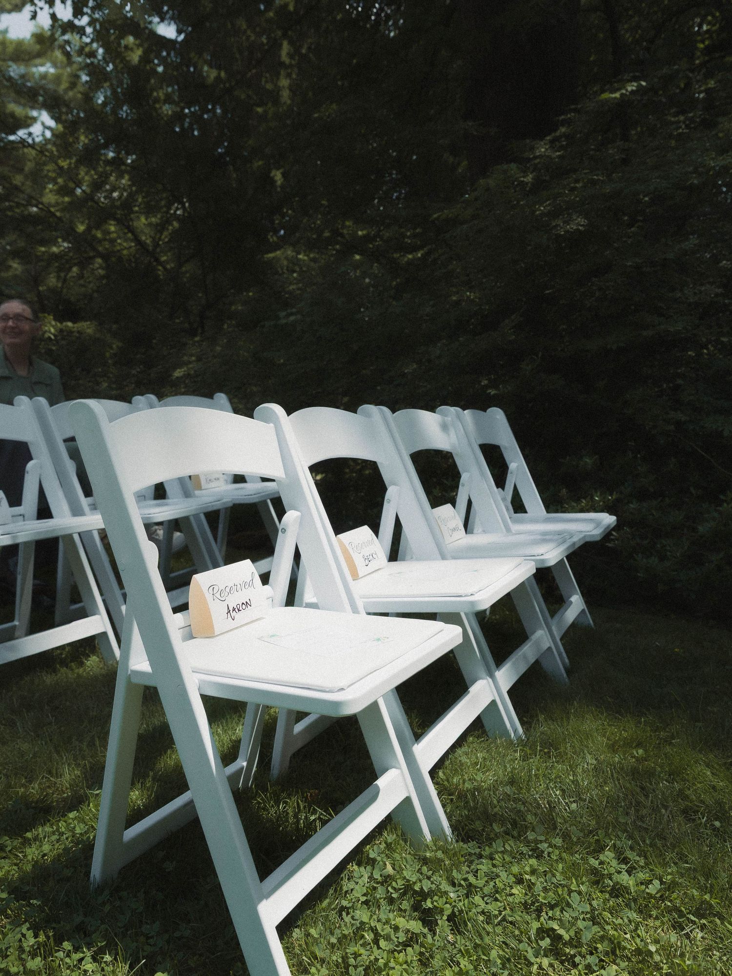 White wood Adirondack chairs arranged in a row on grassy ground with trees in the background in natural lighting.