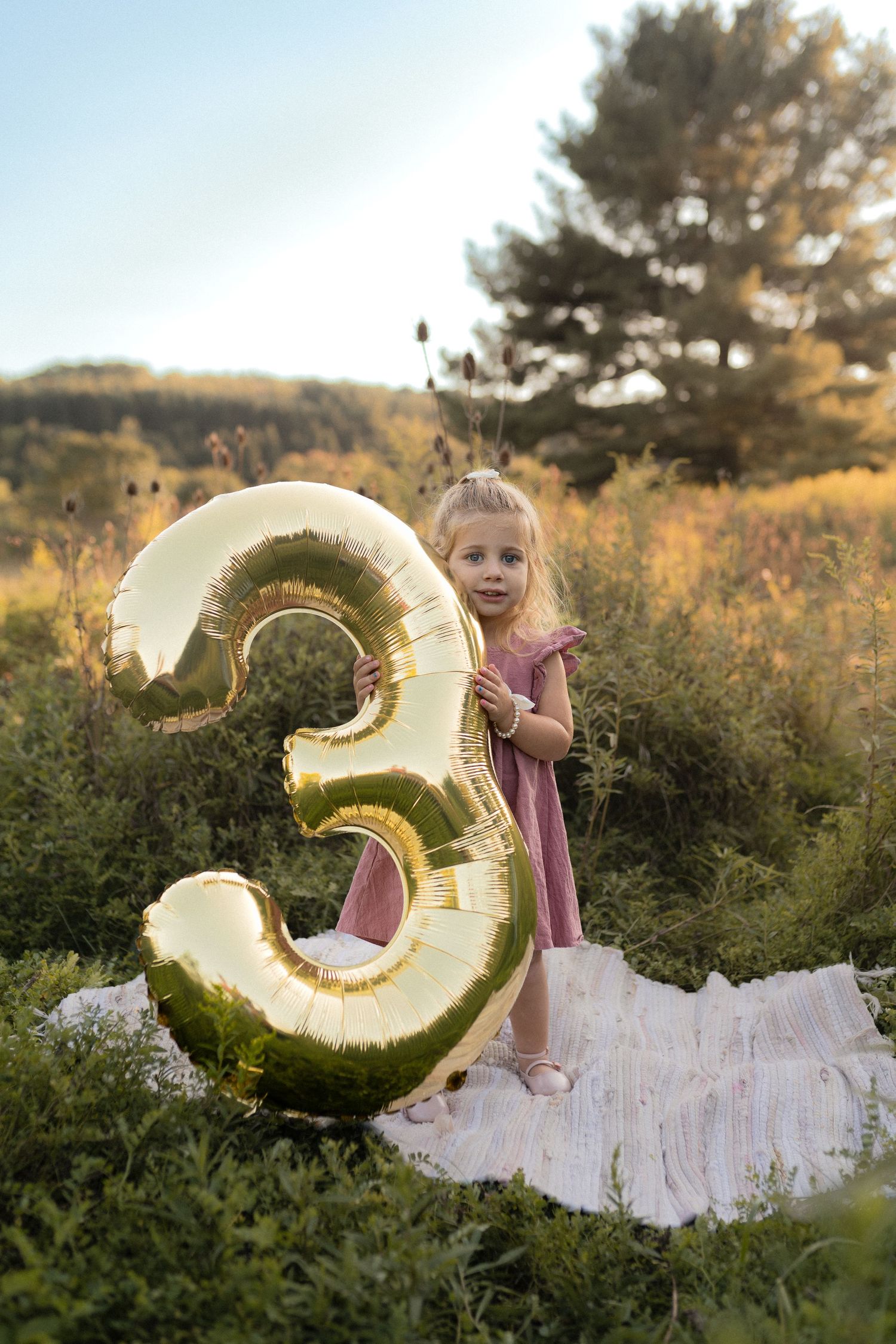 Child in pink dress posing with large gold number 3 balloon outdoors.