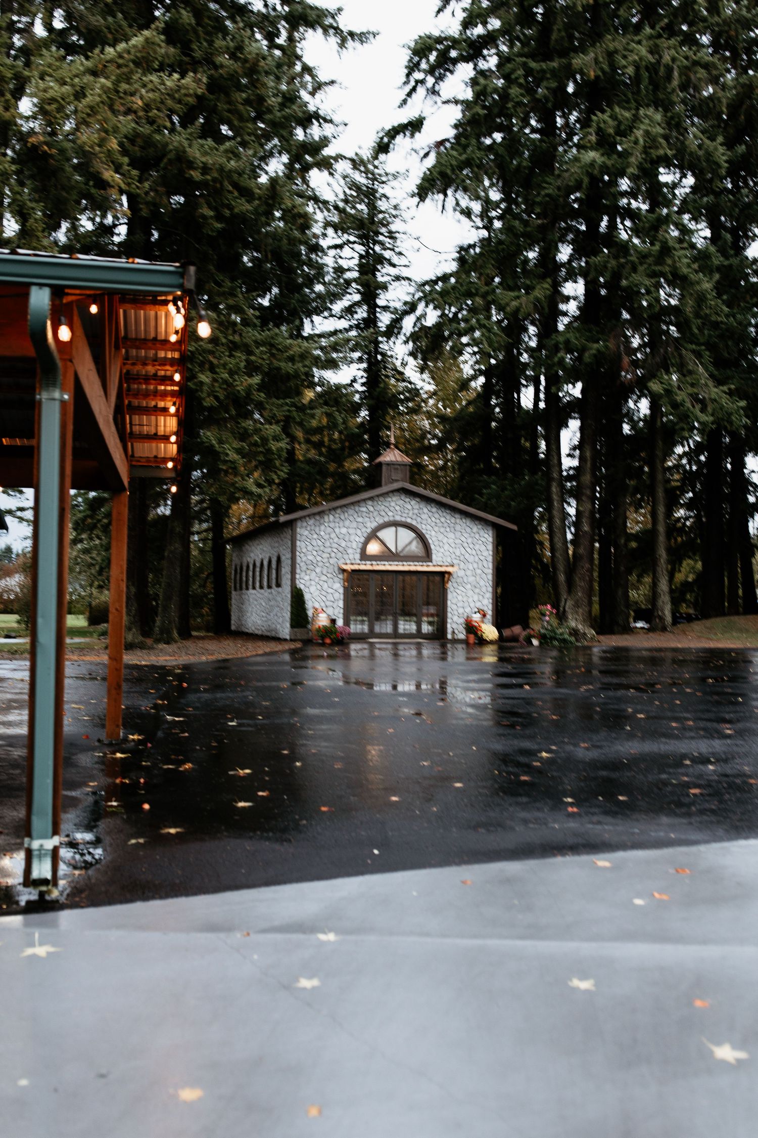 Rainy wedding venue with white chapel building surrounded by tall evergreen trees and string lights.