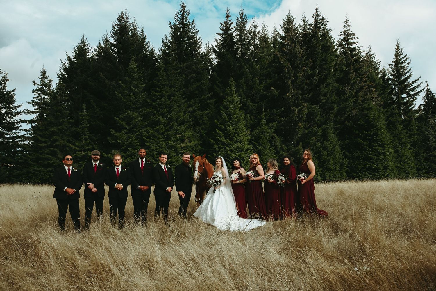 Bride in white gown with groomsmen in dark suits and bridesmaids in burgundy dresses posing in a tall grass field before evergreen trees.