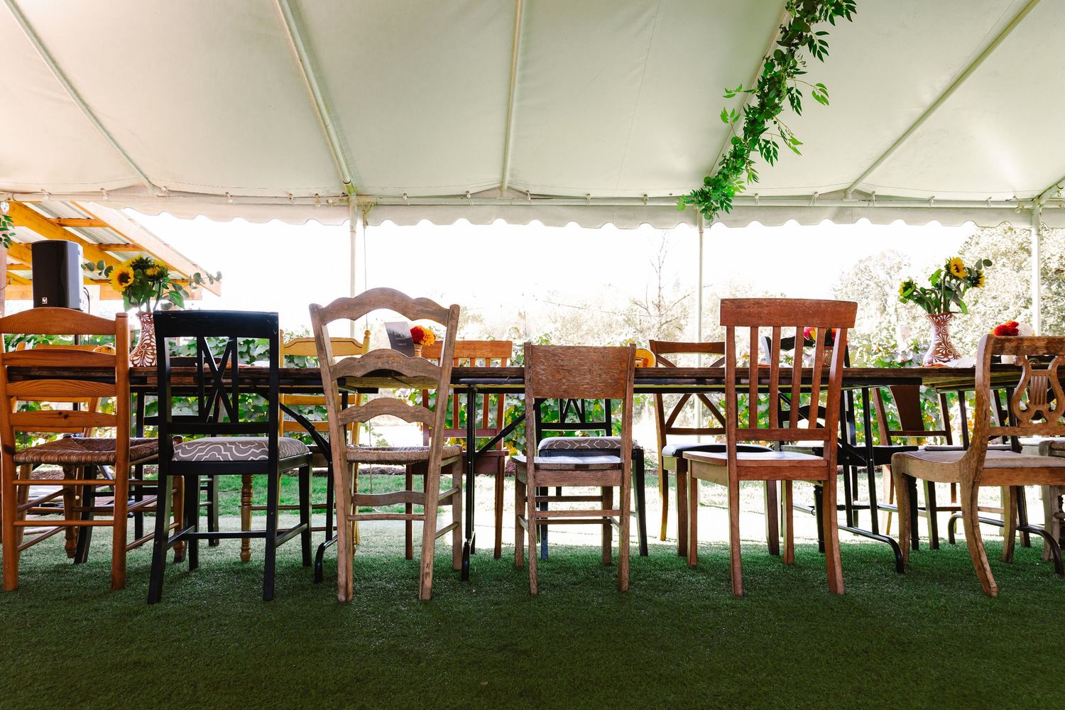 Long wooden banquet table with mismatched vintage chairs under a white tent, set on grass with greenery and flower arrangements.
