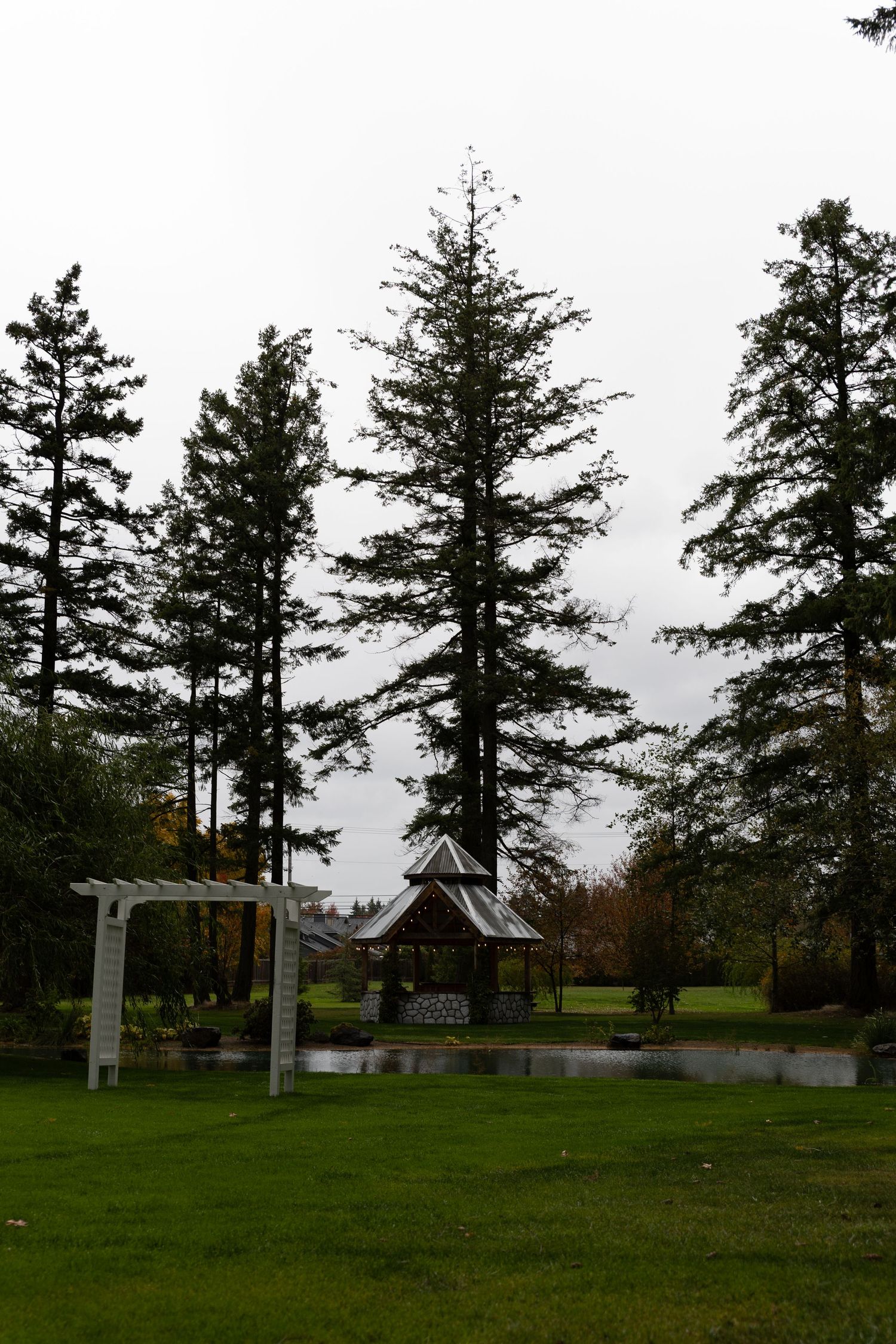 Scenic outdoor wedding venue with gazebo, pond, tall evergreen trees, and white arbor on overcast day.