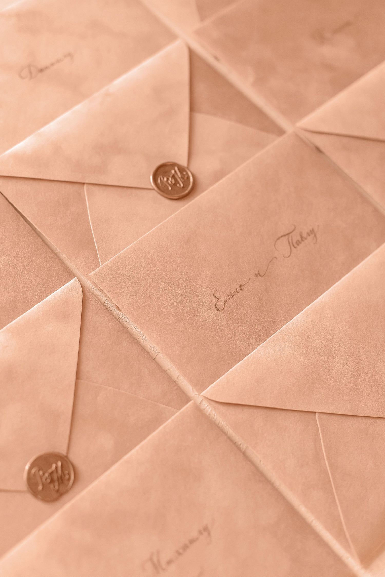 Elegant blush pink vellum wedding envelopes with copper wax seals and handwritten calligraphy guest names.