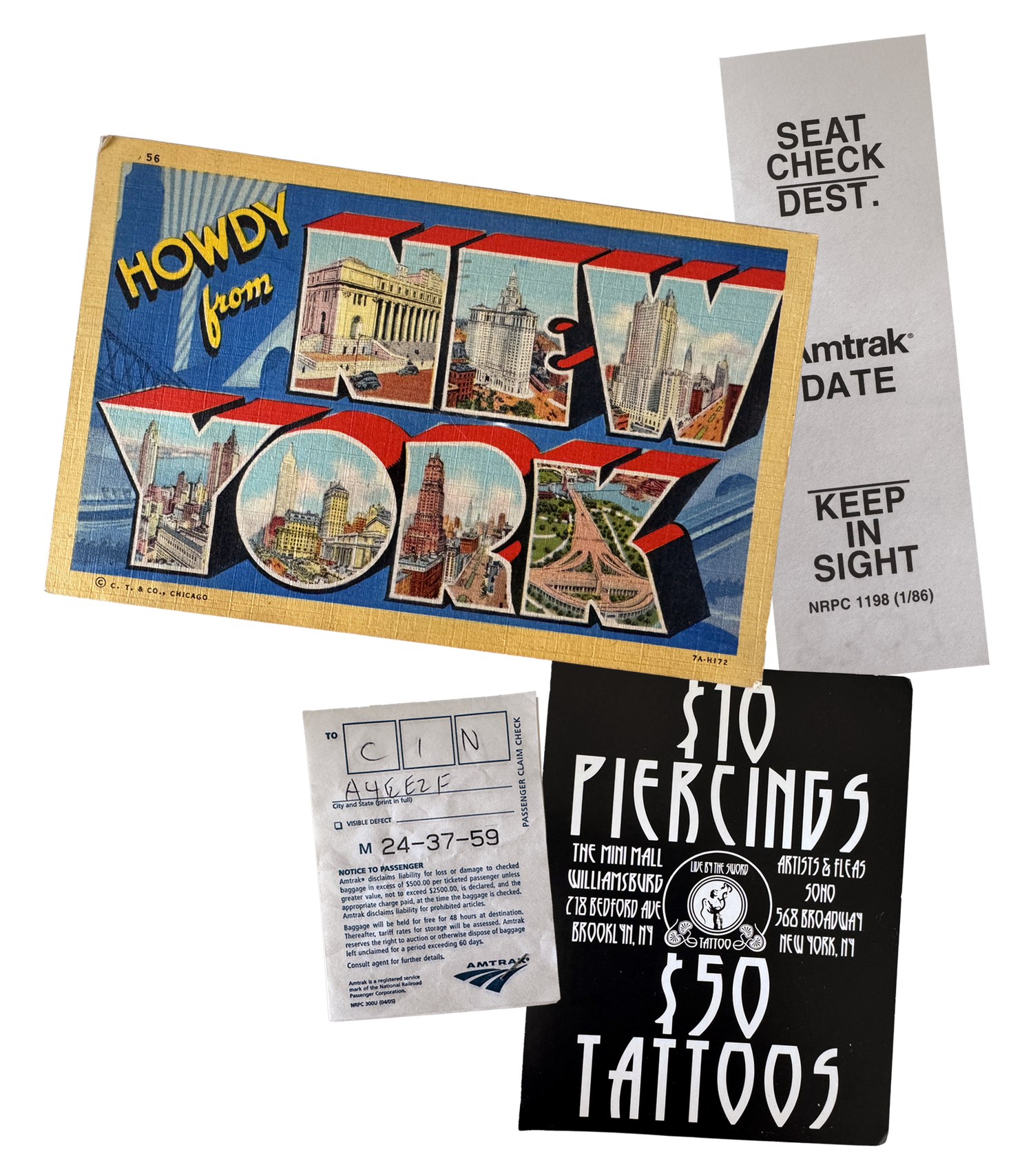 A collection of vintage travel postcards, tickets, and a tattoo shop sign arranged in a collage style display.