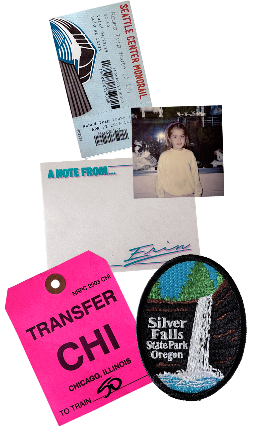A collection of concert tickets, photos, and memorabilia arranged in a collage-style layout against a white background.