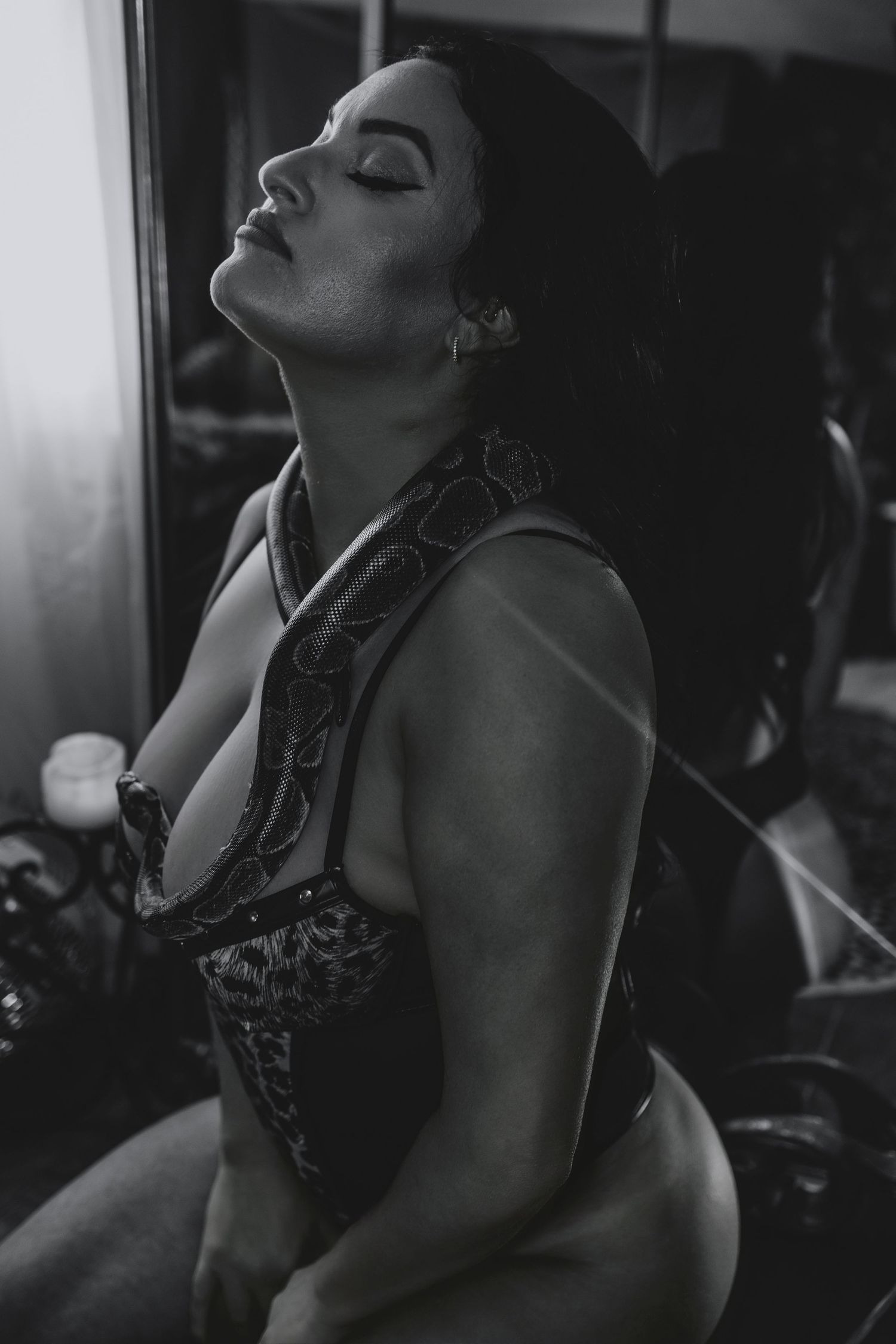 Artistic black and white boudoir photograph showing a silhouette against window light in intimate lingerie.
