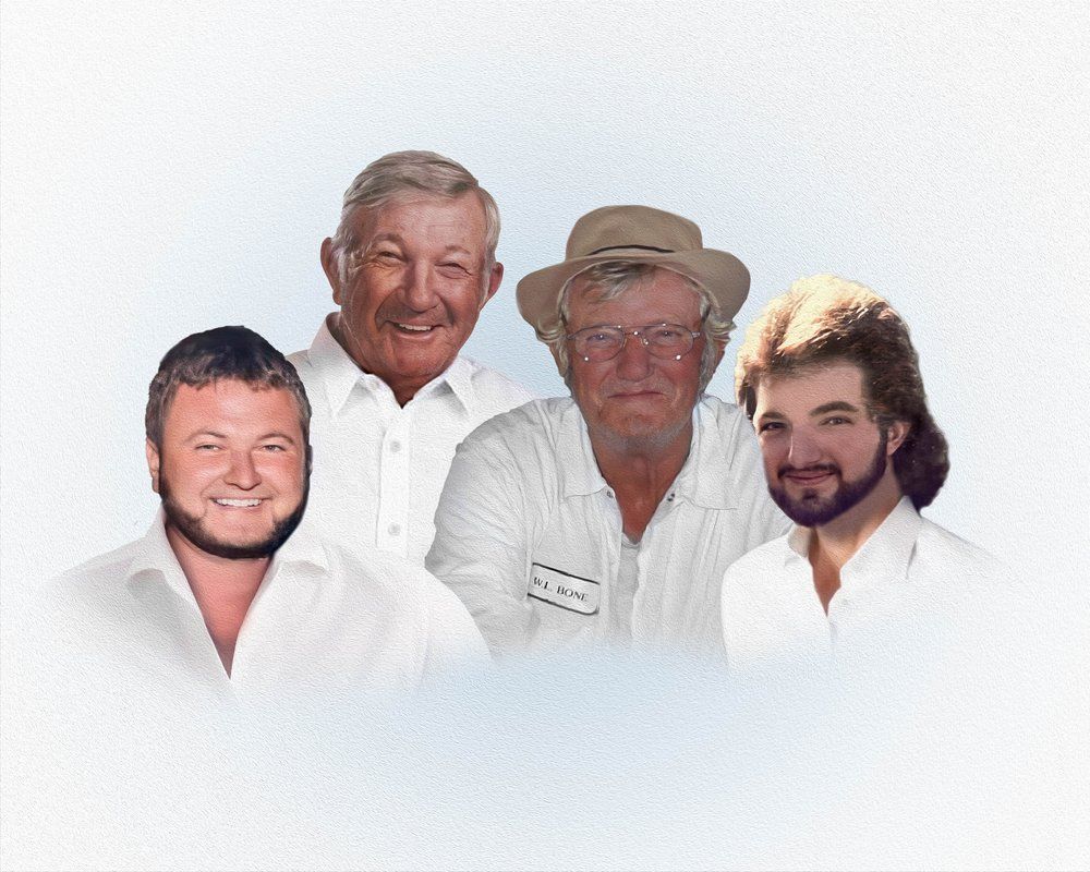 Group portrait of four people wearing light colored clothing against white background.