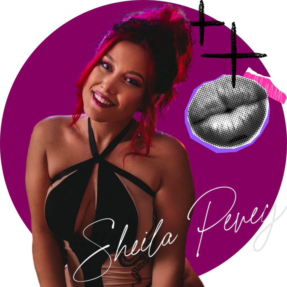 Stylish promotional photo with a black halter top design against a magenta background featuring a black and white lip icon.