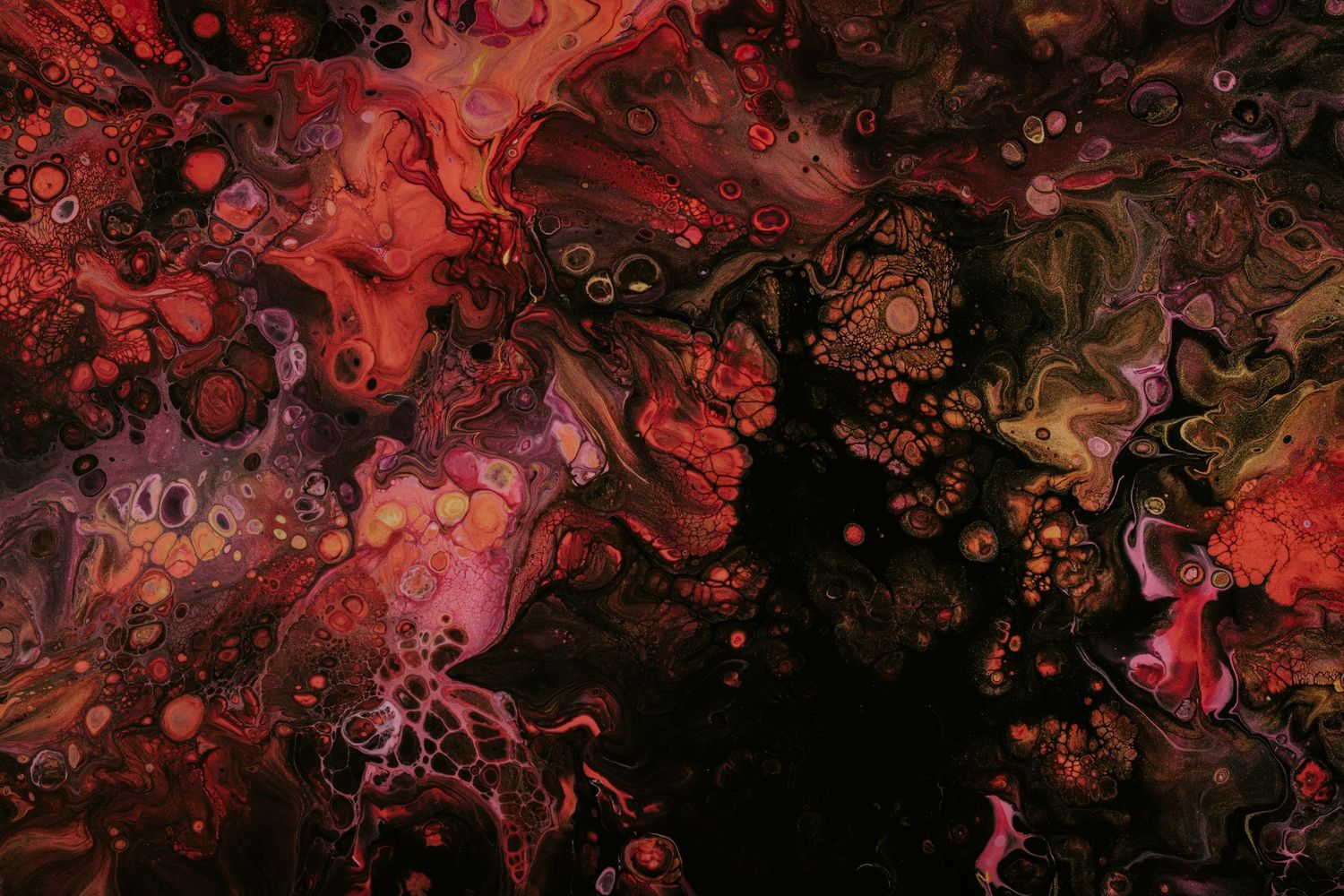 Dark red and black abstract painting with organic fluid shapes and textures.