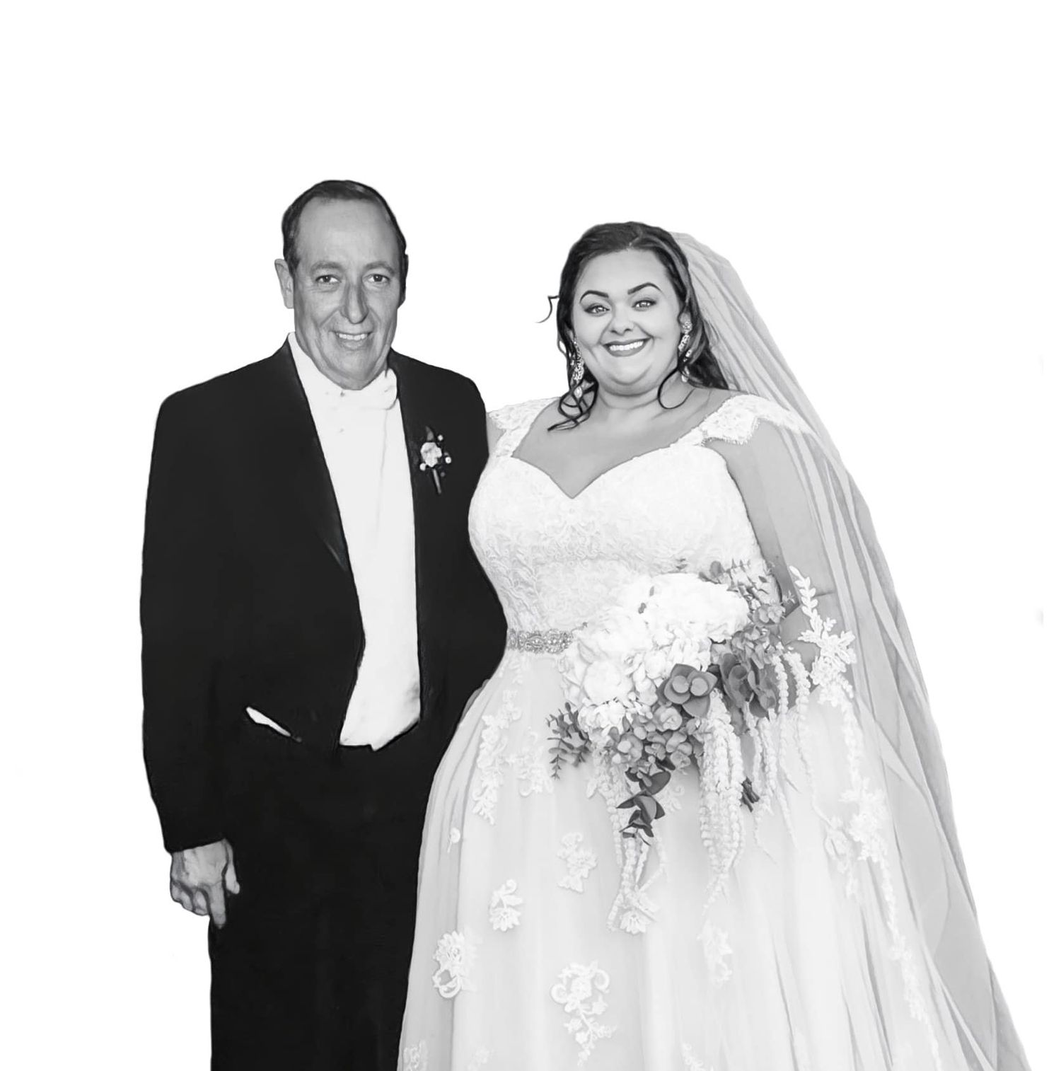 Black and white wedding portrait showing a couple in formal attire with bridal bouquet.
