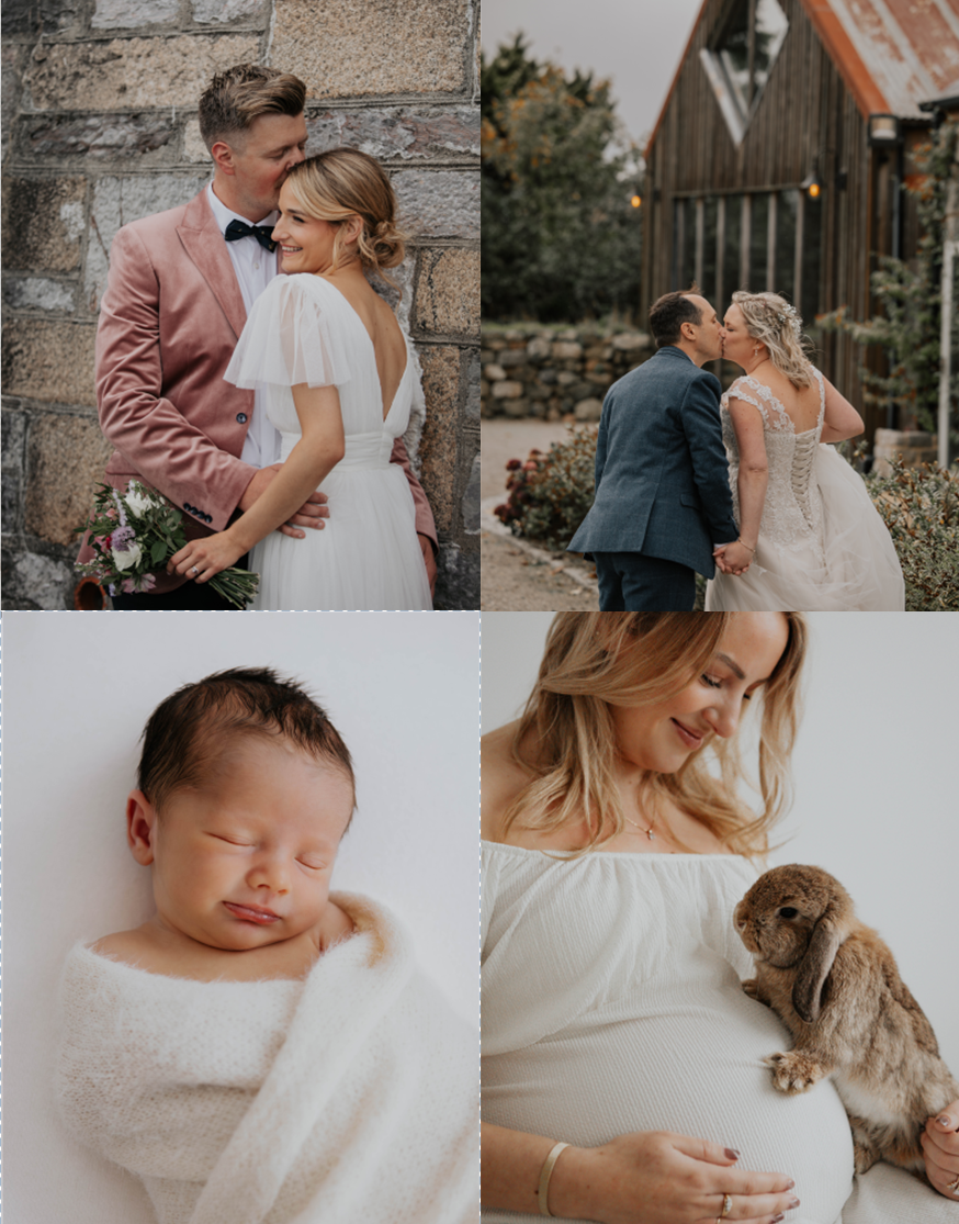 Wedding photo collage with couple portraits, peaceful newborn baby, and maternity shoot with rabbit. Cornwall Maternity Photographer