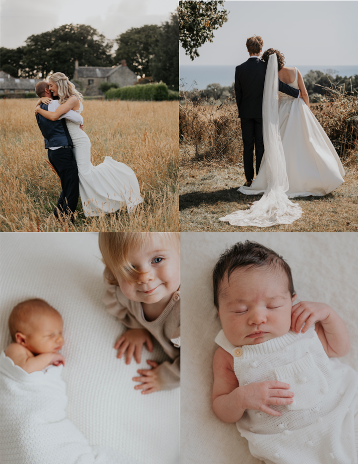 Wedding and newborn photography collage with couple embracing in golden fields and peaceful sleeping baby portraits. Cornwall Maternity Phot