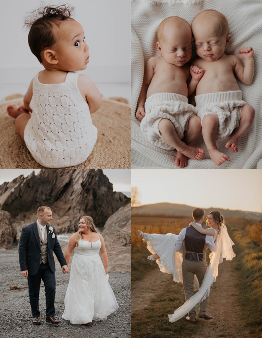 Photography collage featuring a baby in white romper, sleeping newborn twins, and wedding couple portraits outdoors. Cornwall Maternity Phot