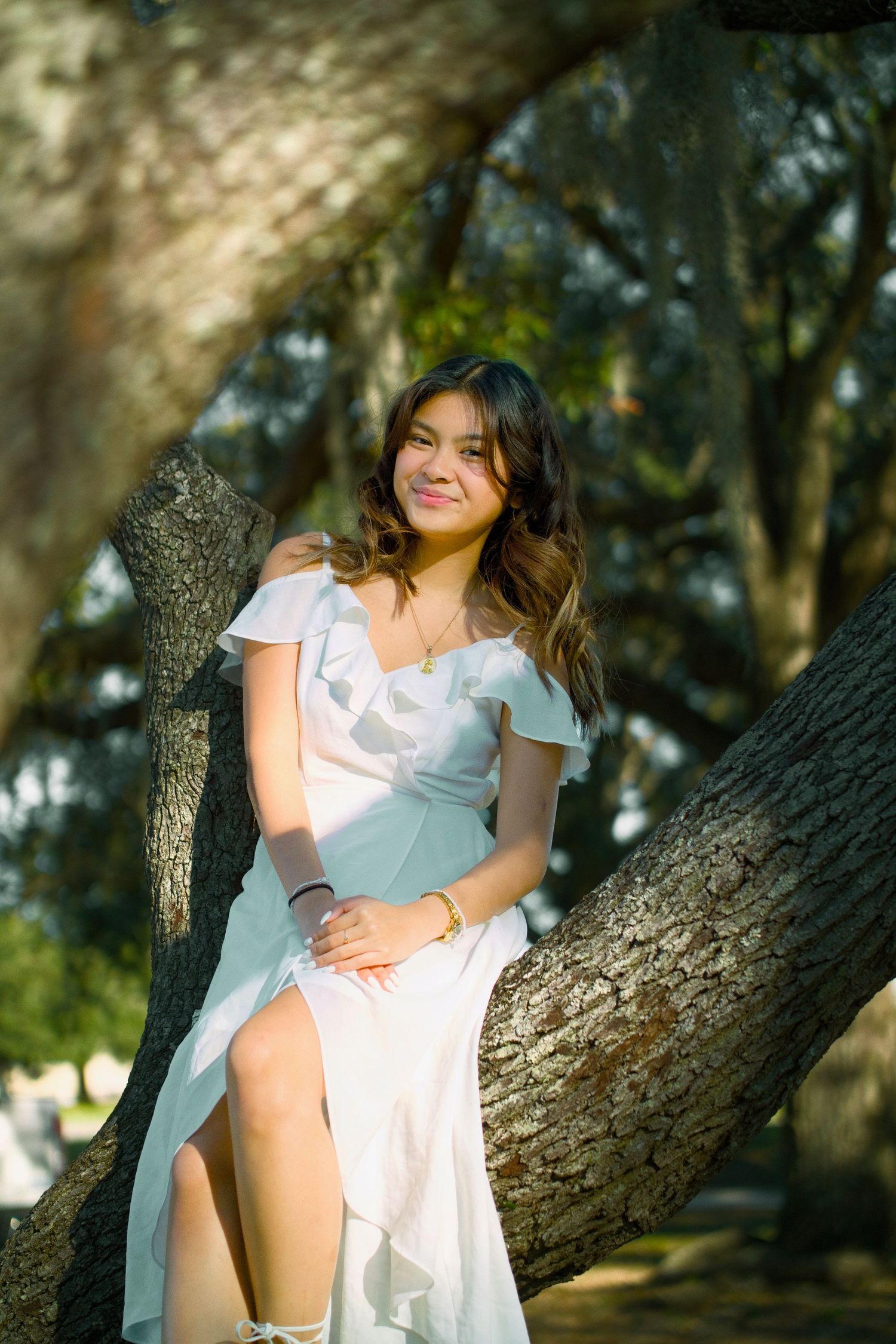 A dreamy outdoor portrait of someone in a light blue dress sitting on a tree branch.
