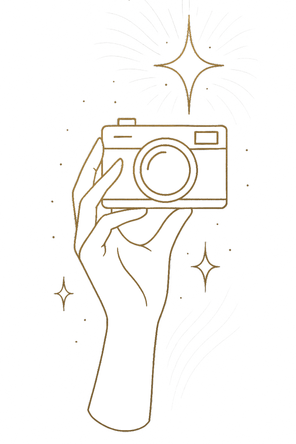 Gold line art illustration of a hand holding a camera with stars on black background.