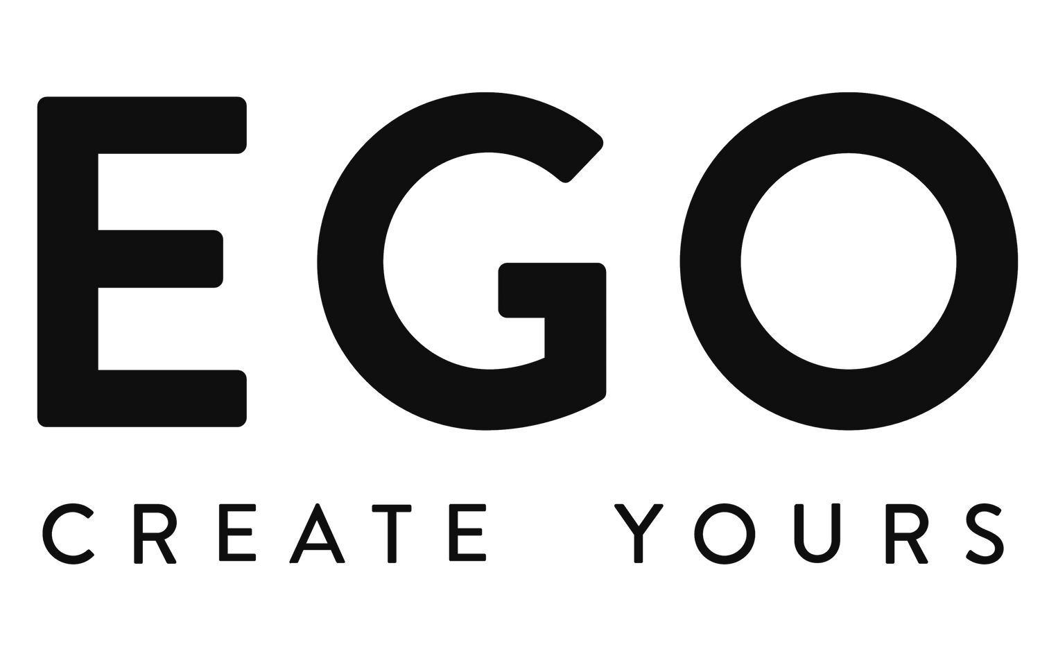 Black text logo reading 'EGO CREATE YOURS' on a plain dark background.
