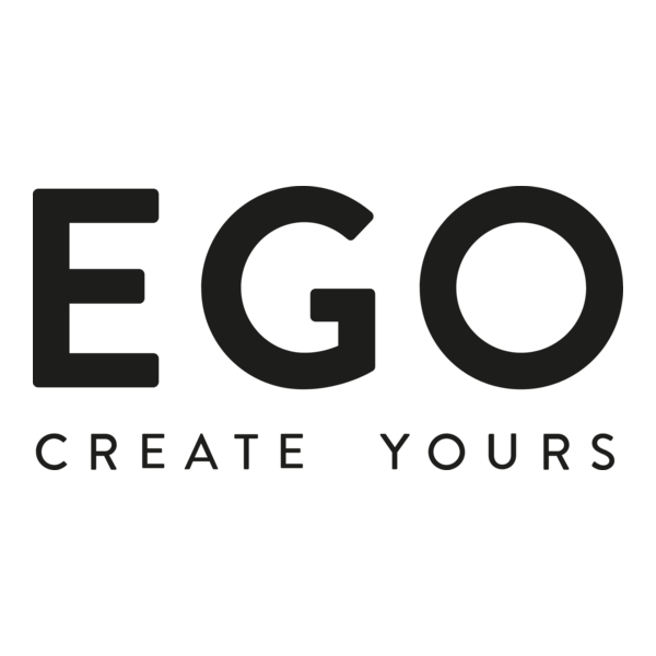 Black and white EGO brand logo with 'CREATE YOURS' tagline against white background.