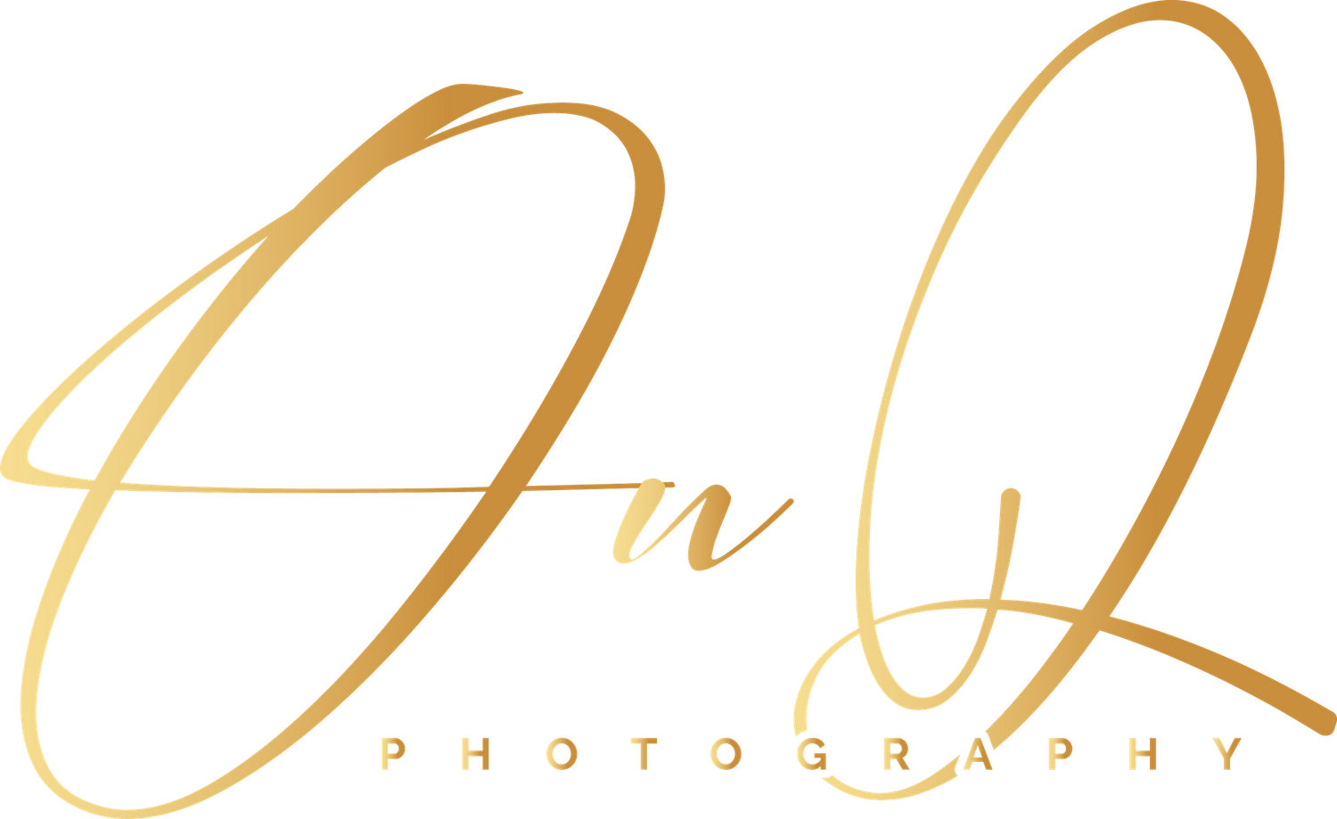 Elegant gold calligraphic signature logo design for photography business in curved flowing script on black background.