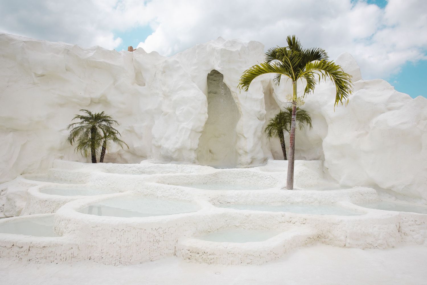 Palm trees emerge from white travertine terraces and pools at Pamukkale thermal springs in Turkey.