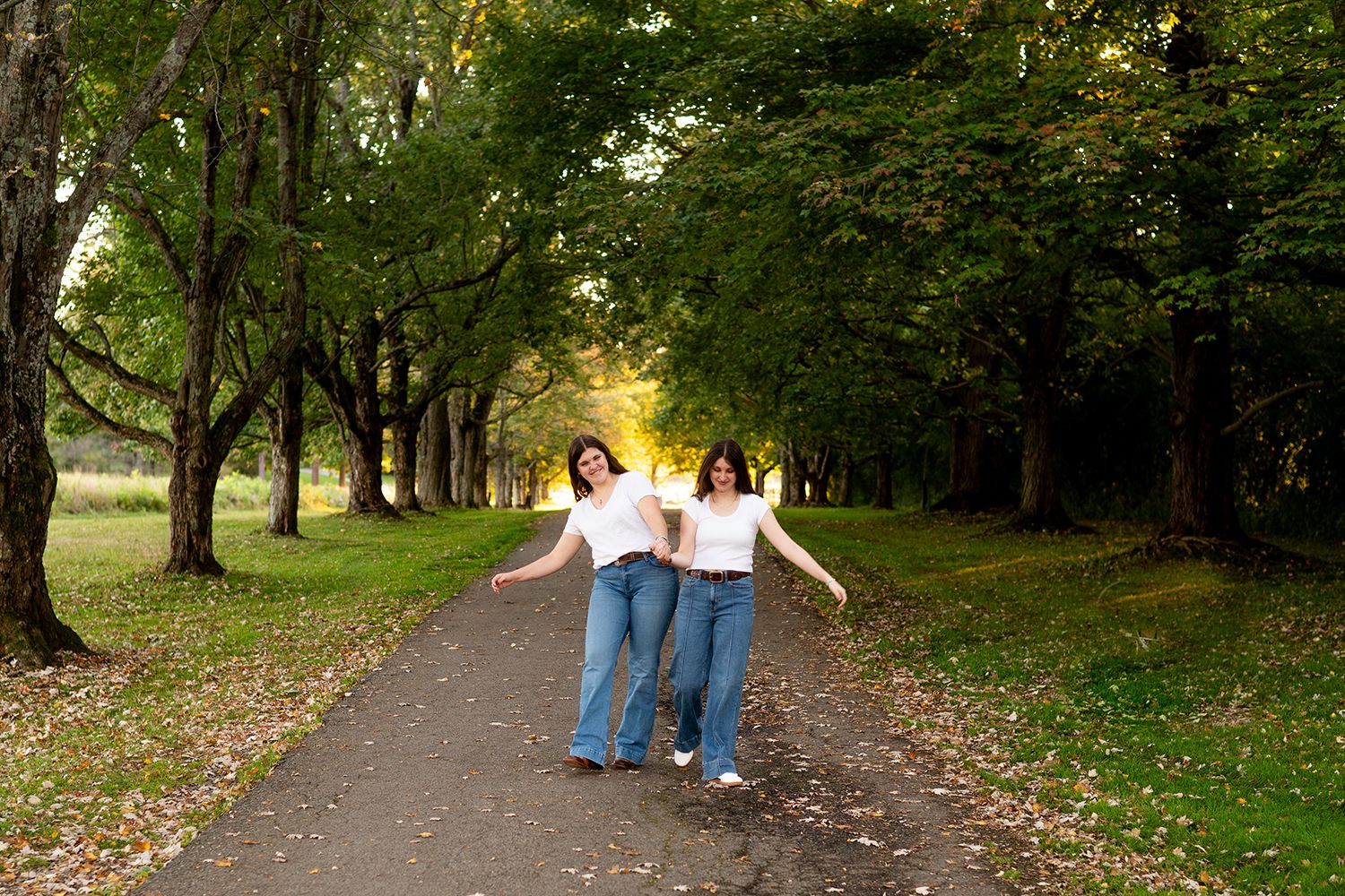 People walking along a tree-lined path through a green park on a sunny autumn day.