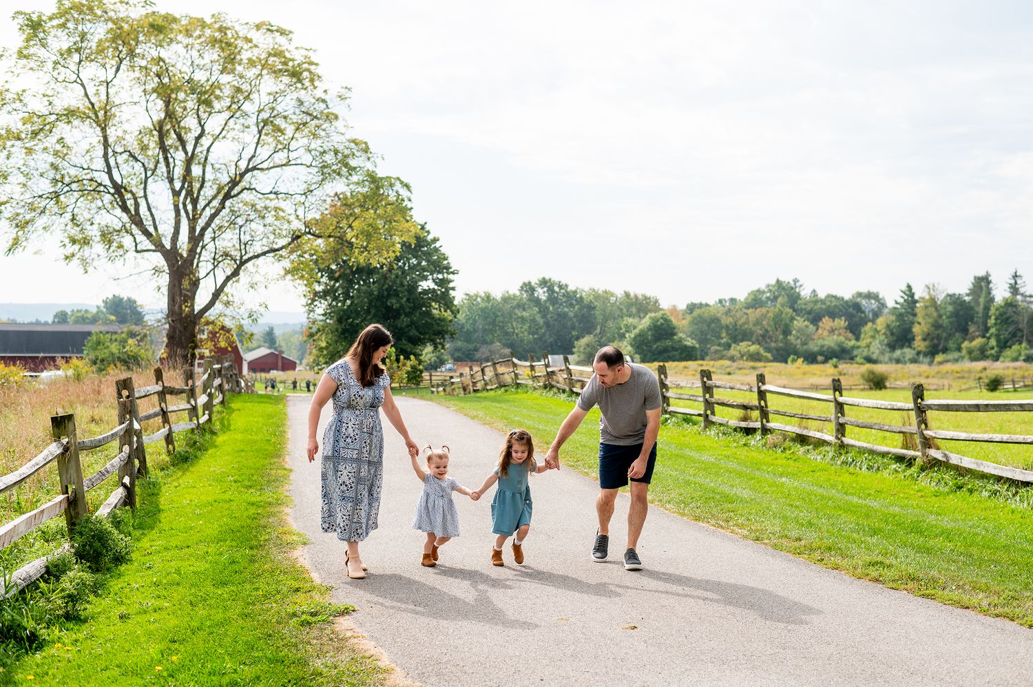 Family of four walking hand-in-hand on a sunny farm path surrounded by green grass and wooden fences.