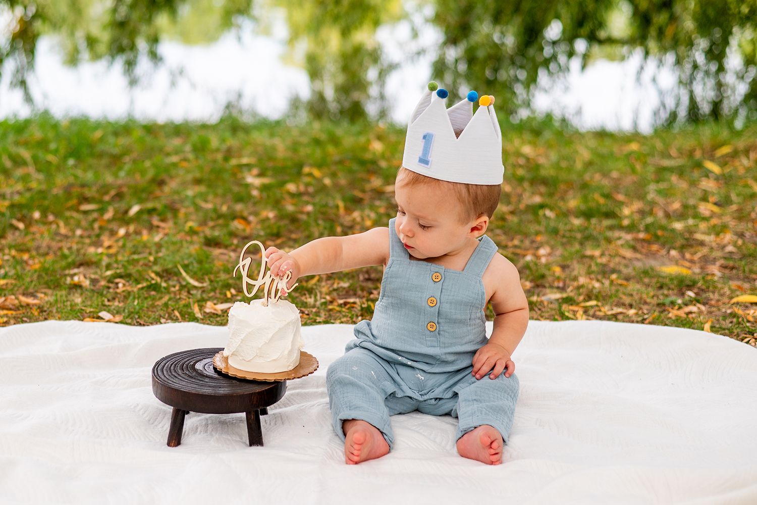 Baby wearing blue overalls and paper crown sits on white blanket with birthday cake in outdoor garden setting.