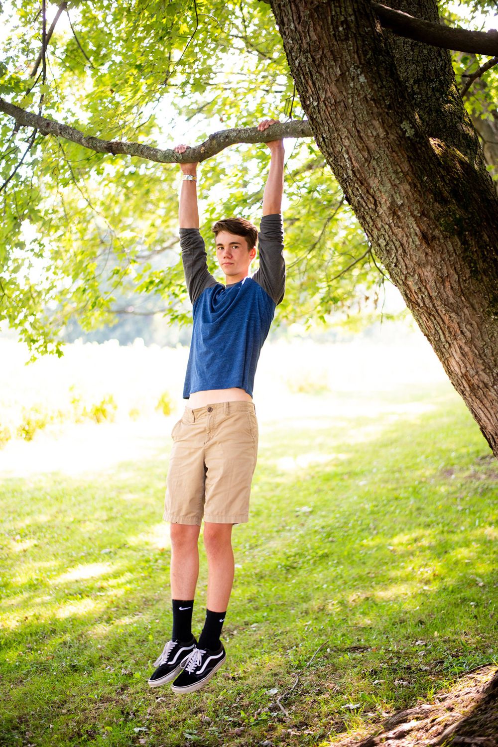 A person in blue and khaki clothing hangs from a tree branch on a sunny day in a grassy area.
