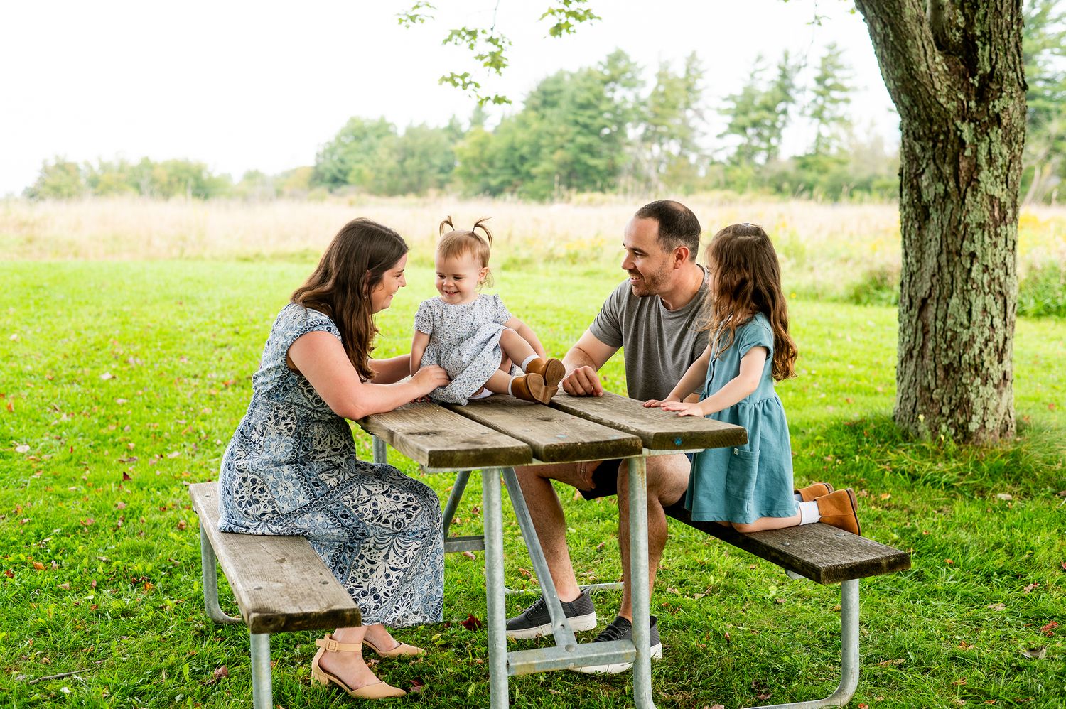 Family of four enjoying a picnic at an outdoor wooden table under a tree in a lush green park.