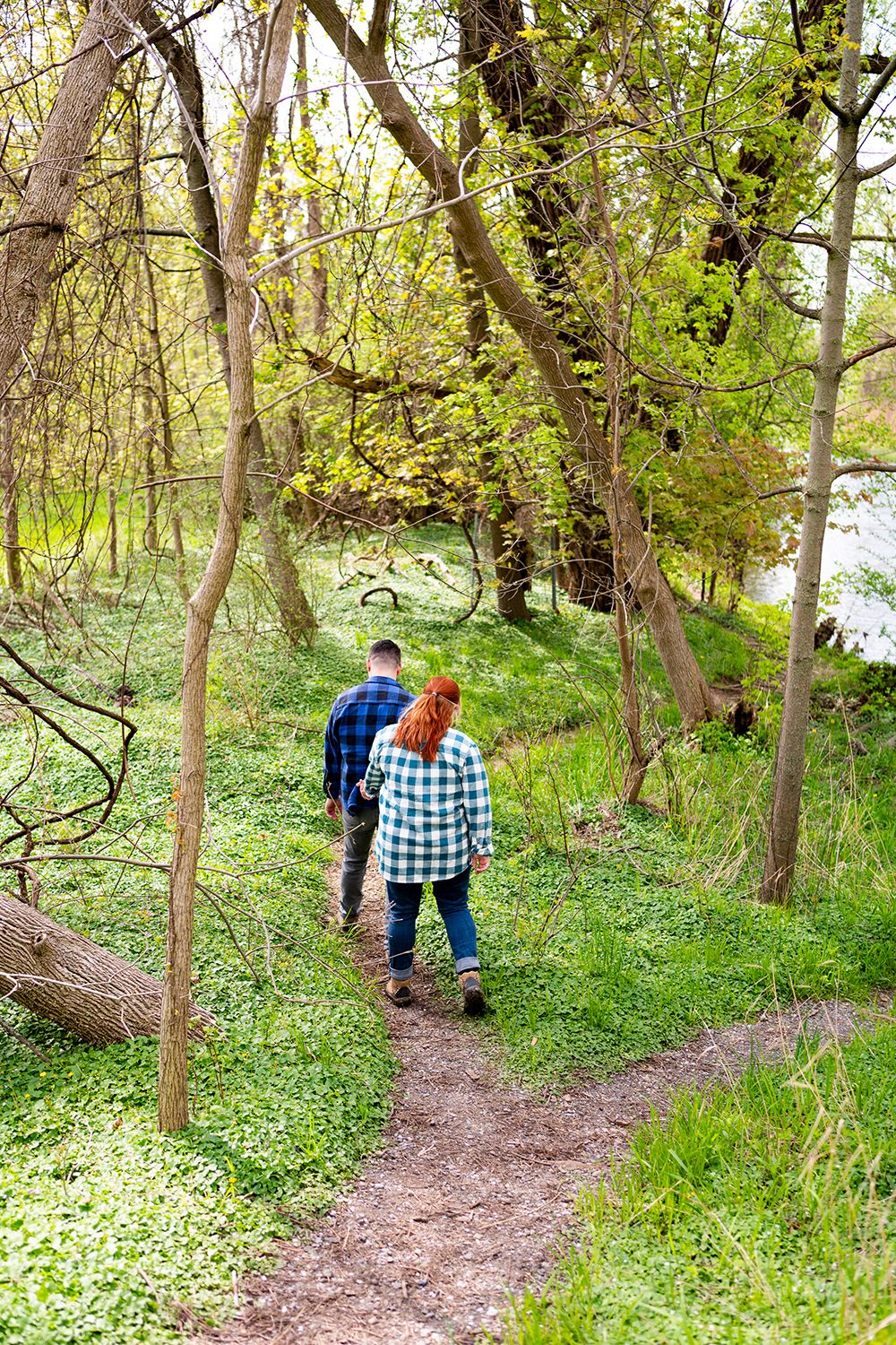 Person in plaid shirt and jeans walking along a winding dirt path through a lush spring forest with green undergrowth.