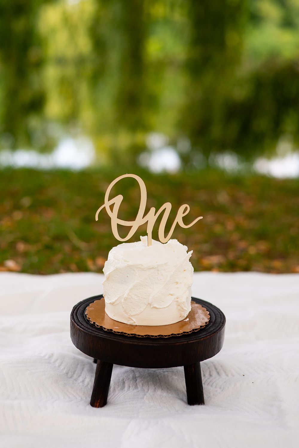 Small white smash cake with gold 'One' cake topper sits on wooden pedestal against blurred green outdoor background.