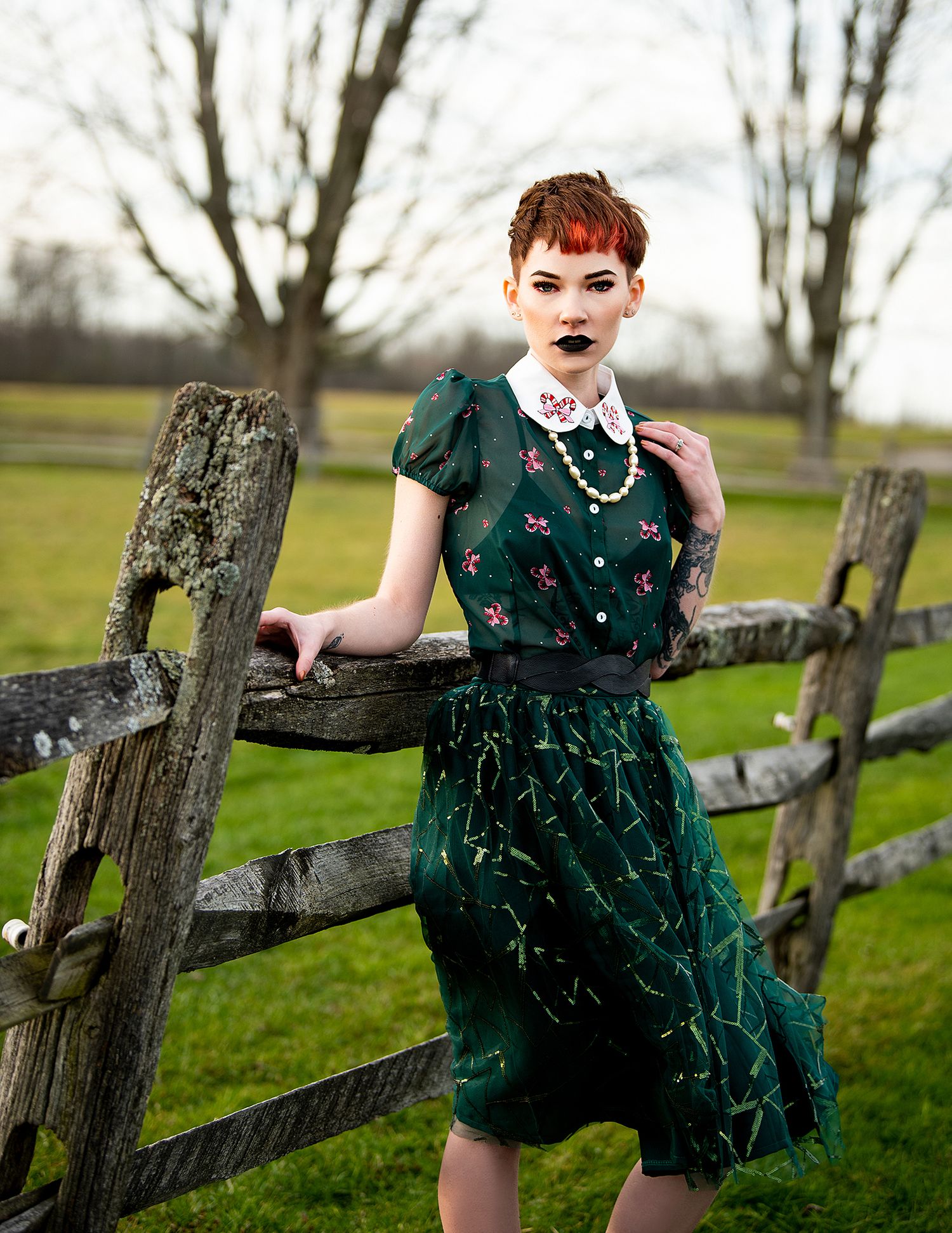 Person in vintage style emerald green dress posing gracefully by rustic wooden fence in countryside setting.