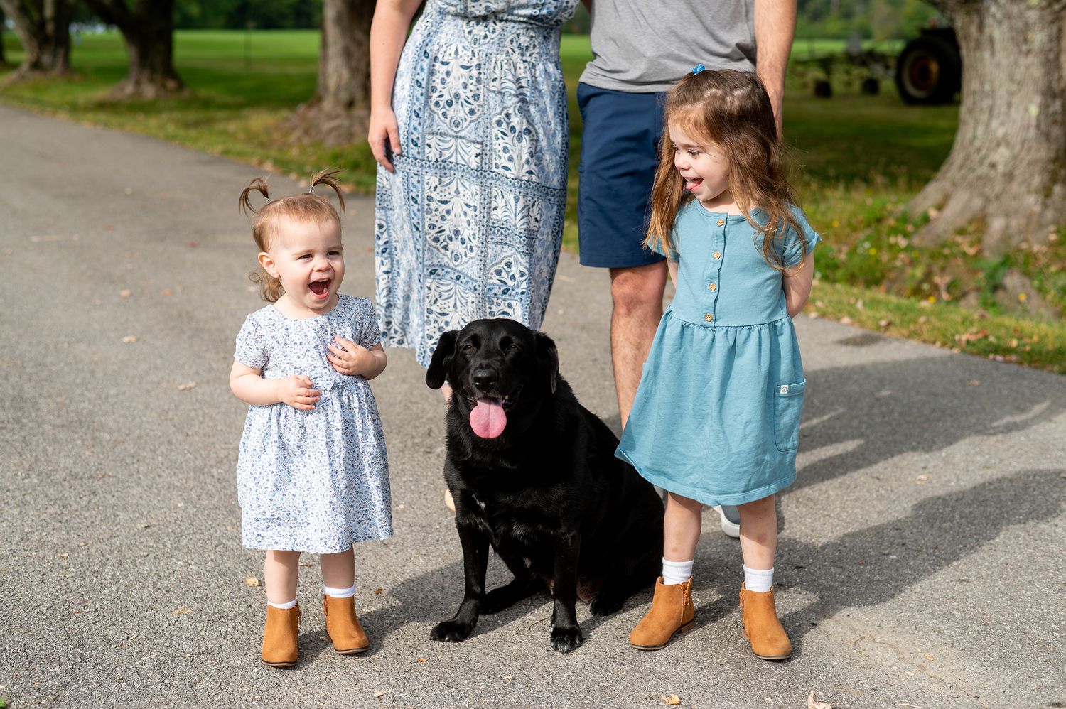 Two young girls in dresses and a black Labrador dog stand with adults on a tree-lined path.