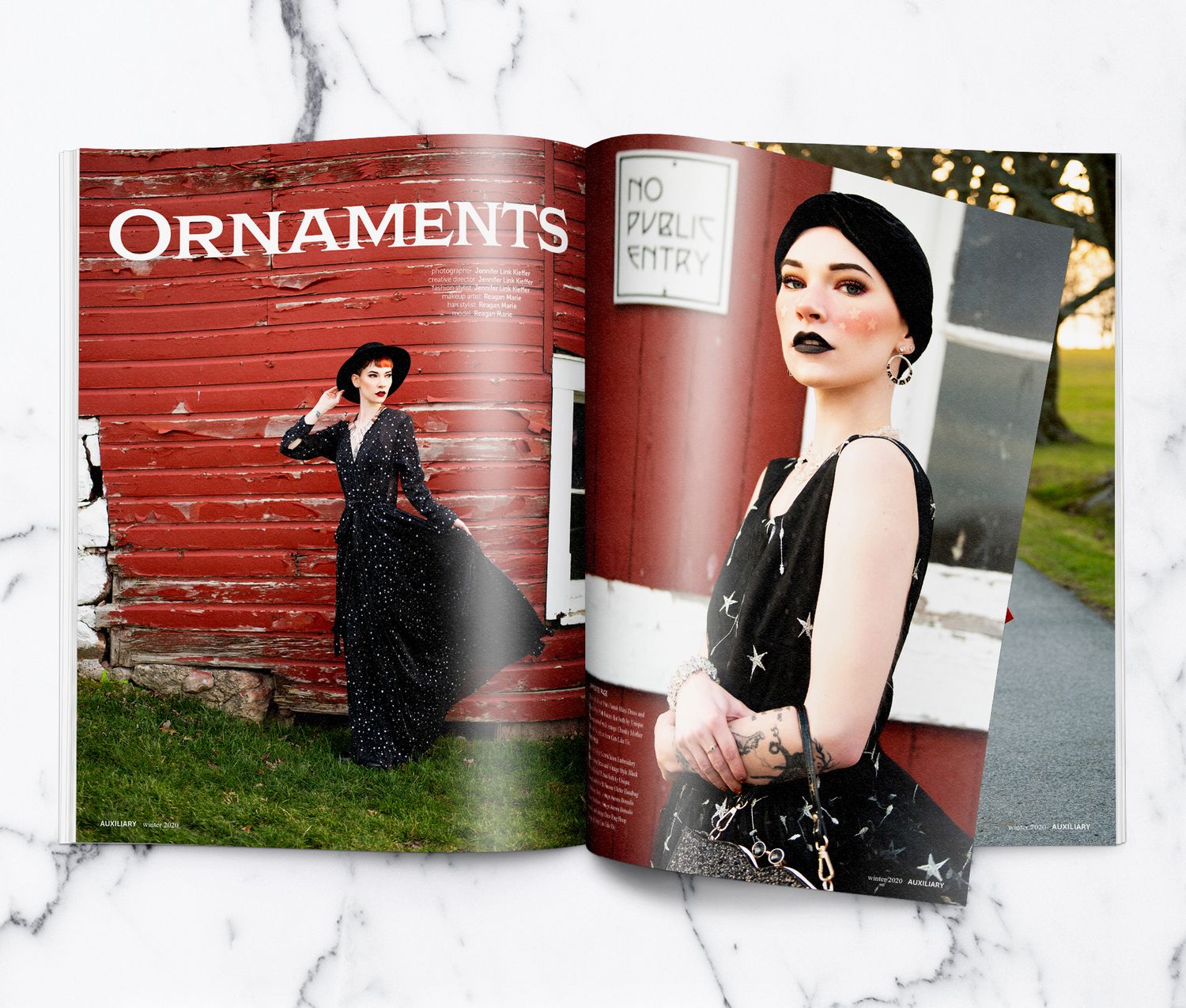 Magazine spread showing vintage style fashion photos with elegant black dress against red barn and outdoor settings.