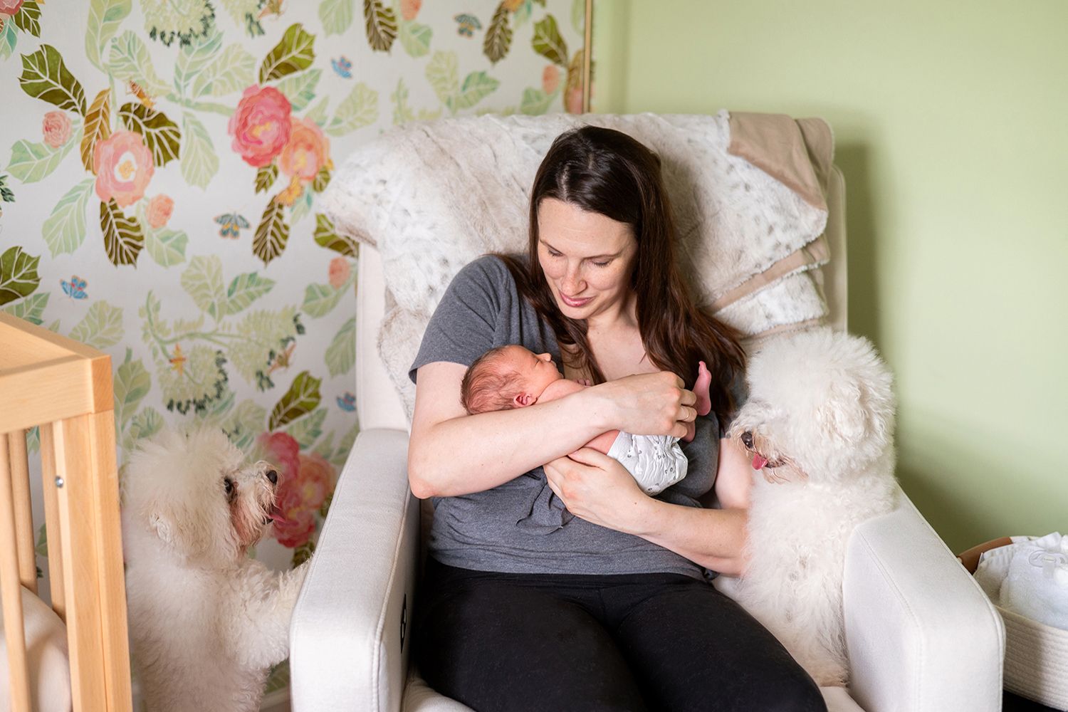 Person in gray shirt sitting in nursery with baby and white dog beside butterfly wallpaper.