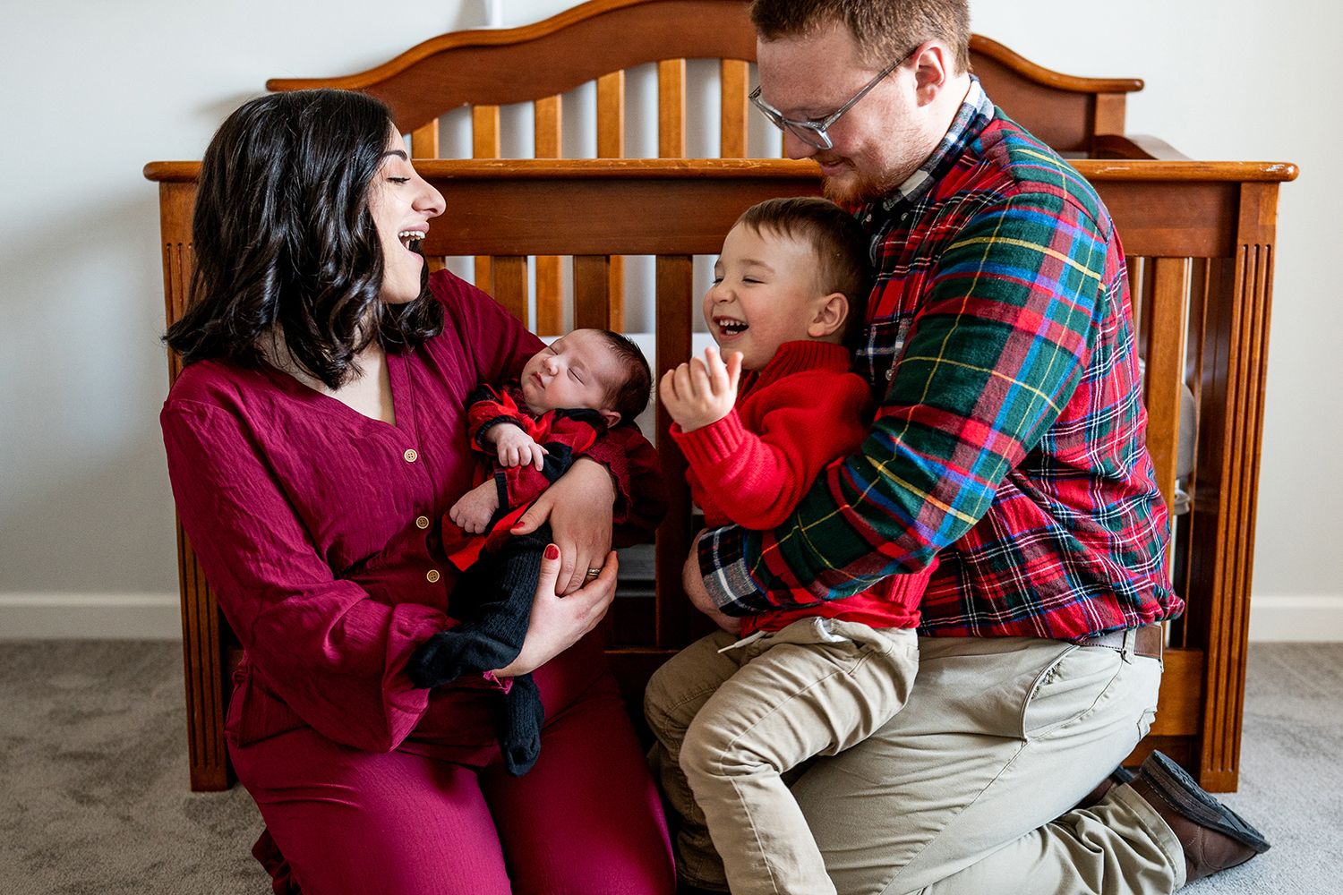 A loving family moment captured in six sequential photos showing playful interactions on a wooden headboard bed.