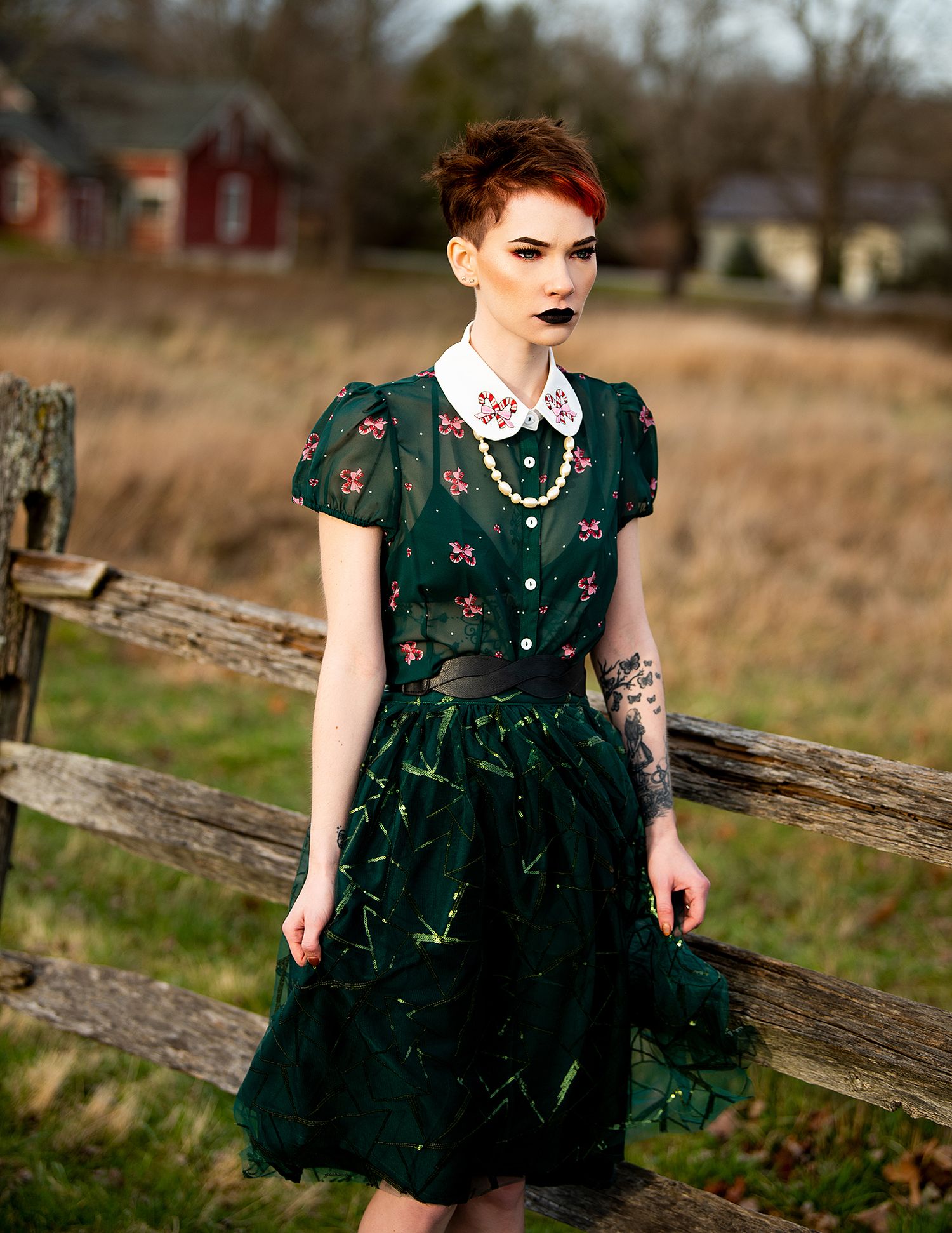 Dark emerald vintage-style dress with floral pattern captured against rustic wooden fence in countryside setting.