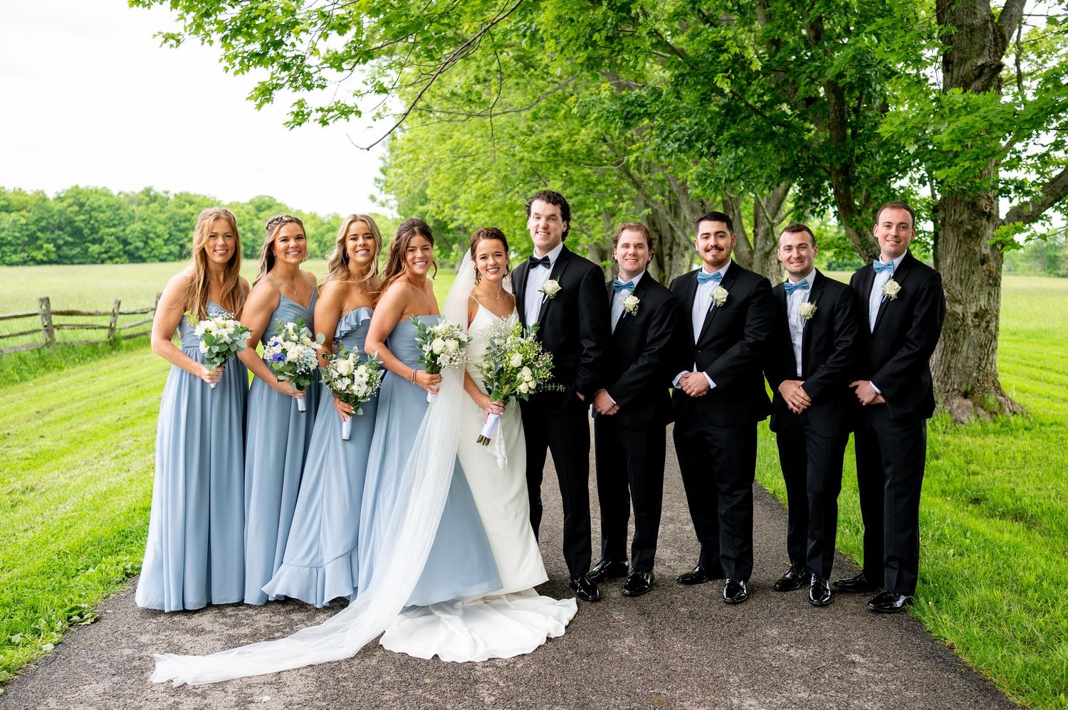 Wedding party in formal attire poses together on a grassy hillside in coordinating black and light blue outfits.