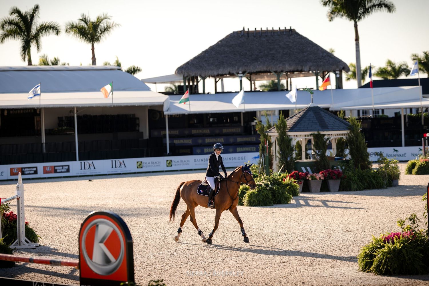 A collage of equestrian arena scenes with palm trees, horses, and riding facilities at a competition venue.