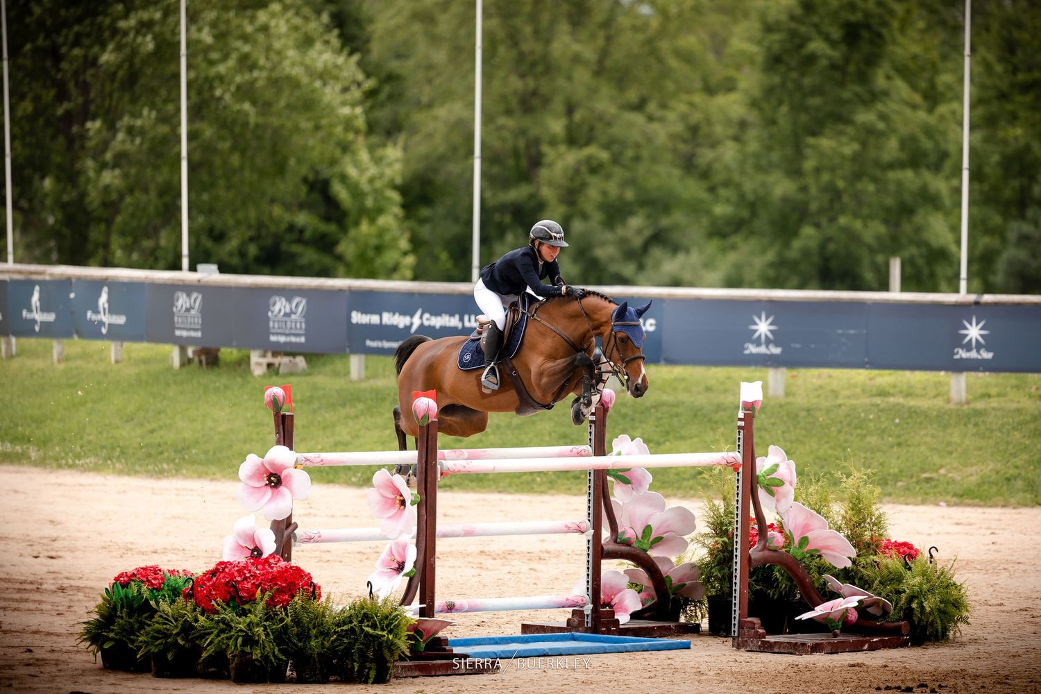 Horse and rider soar over a colorful showjumping obstacle decorated with red flowers during an equestrian event.