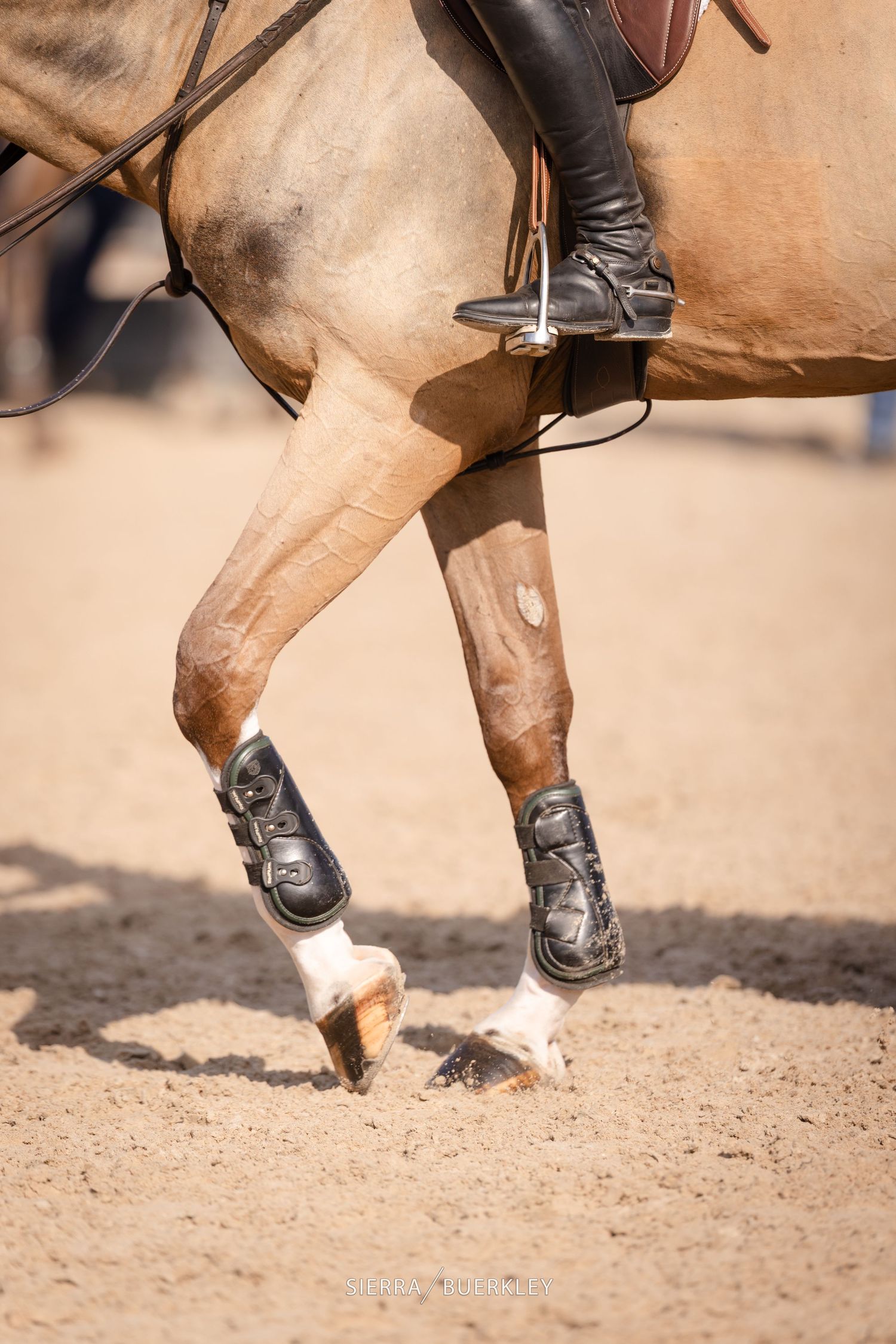 Close-up of horse legs and riding boots during jumper competition showing protective leg wraps and leather tack.