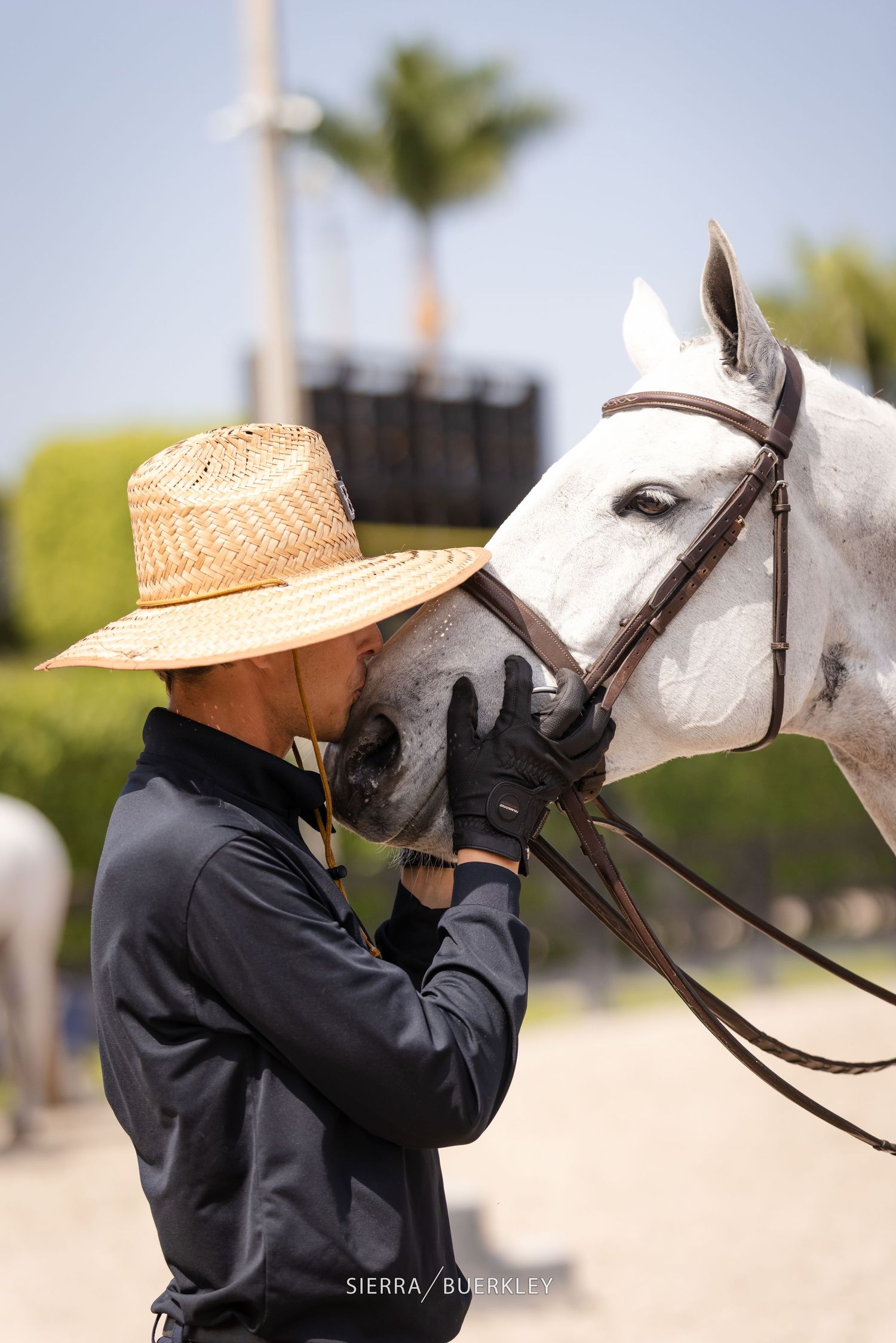 Handler wearing a straw hat gives attention to a white horse at an equestrian event.