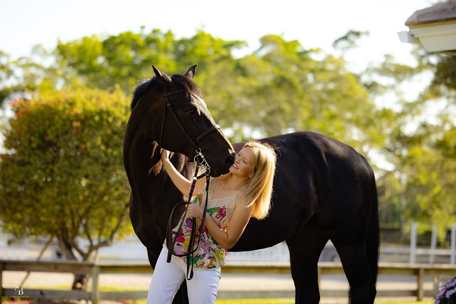 A black horse and handler share a quiet moment in a sun-dappled garden setting.