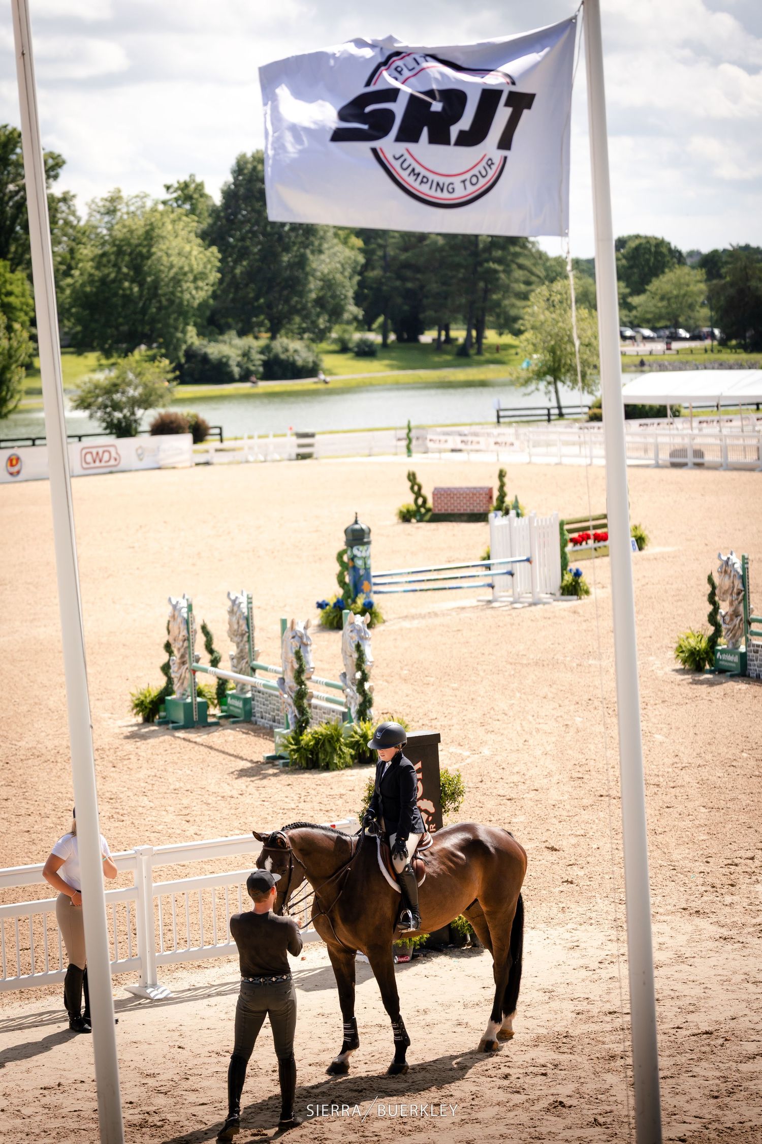 Horse and rider under white SRJ flag at outdoor equestrian jumping arena with green course obstacles.