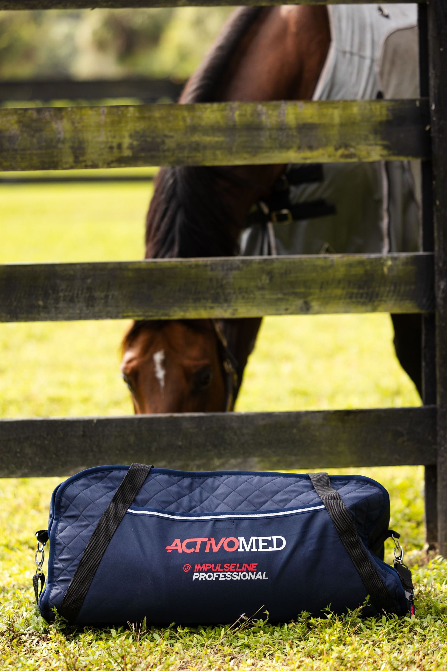 A blue Activomed professional duffle bag sits on grass near a wooden fence with a horse grazing in the background.