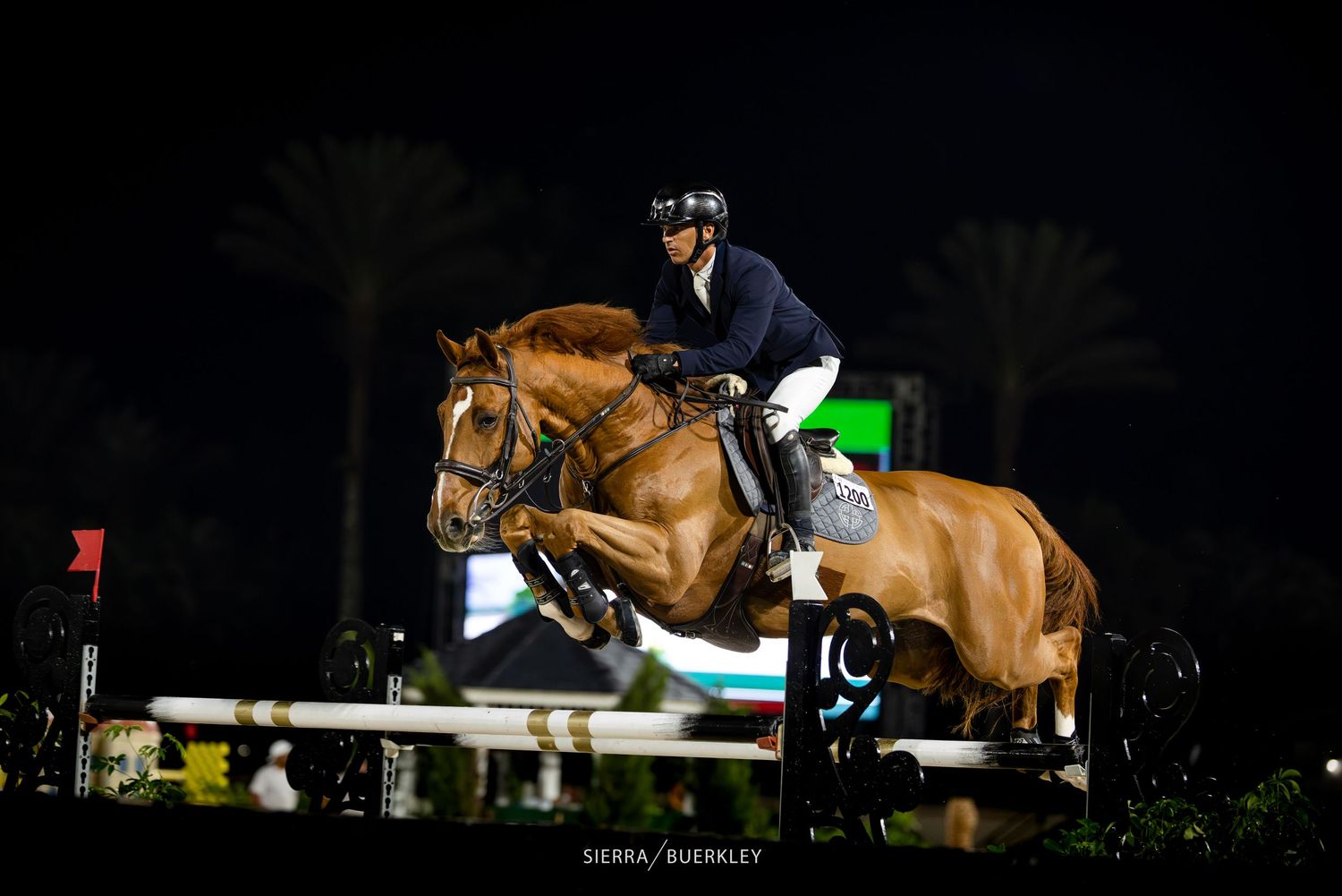 A horse and rider soar over an illuminated show jumping obstacle during a nighttime equestrian competition.