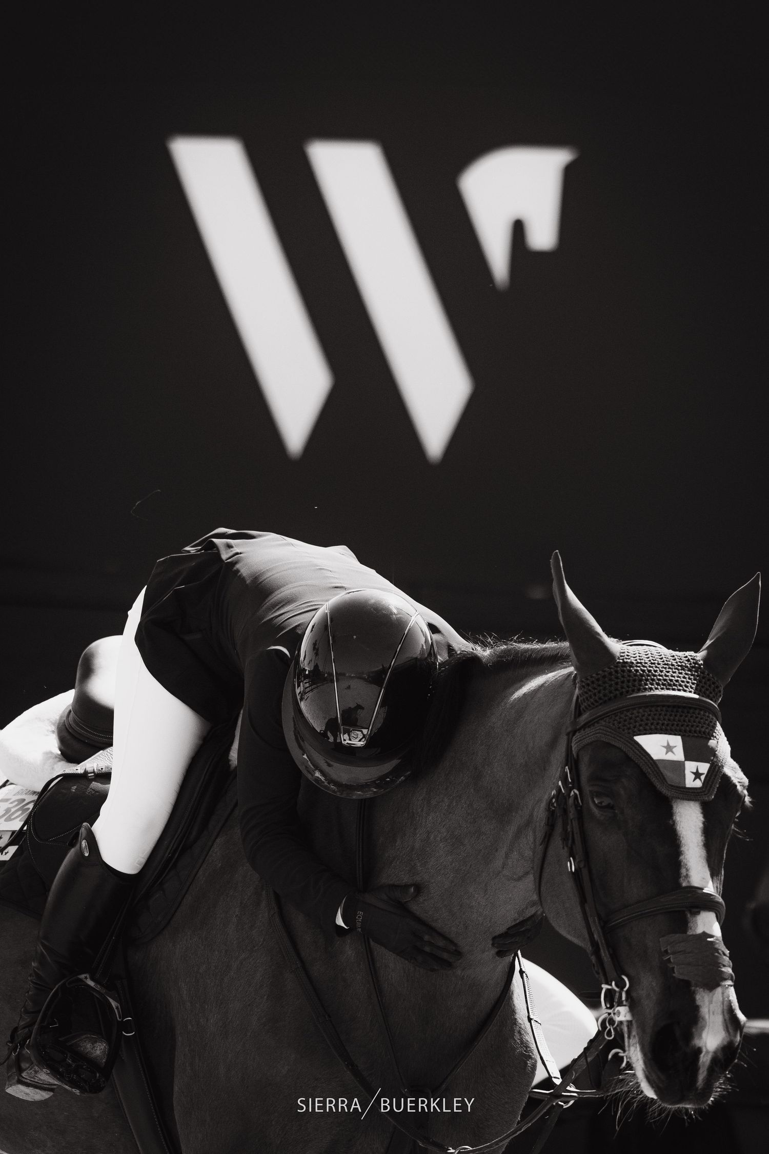 Black and white artistic photo of a horse and rider silhouette against a logo background.