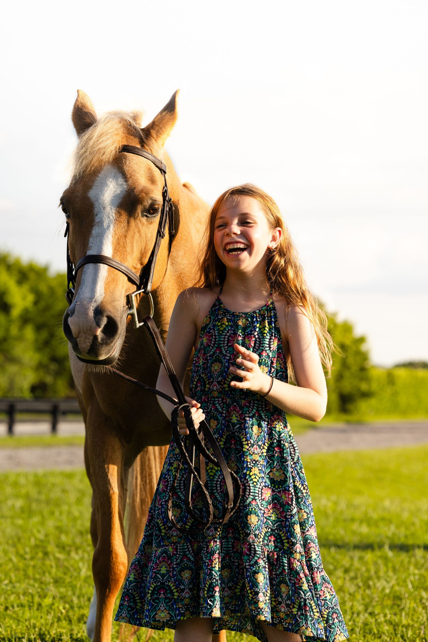 A horse and rider share a joyful moment together in a sunny field.