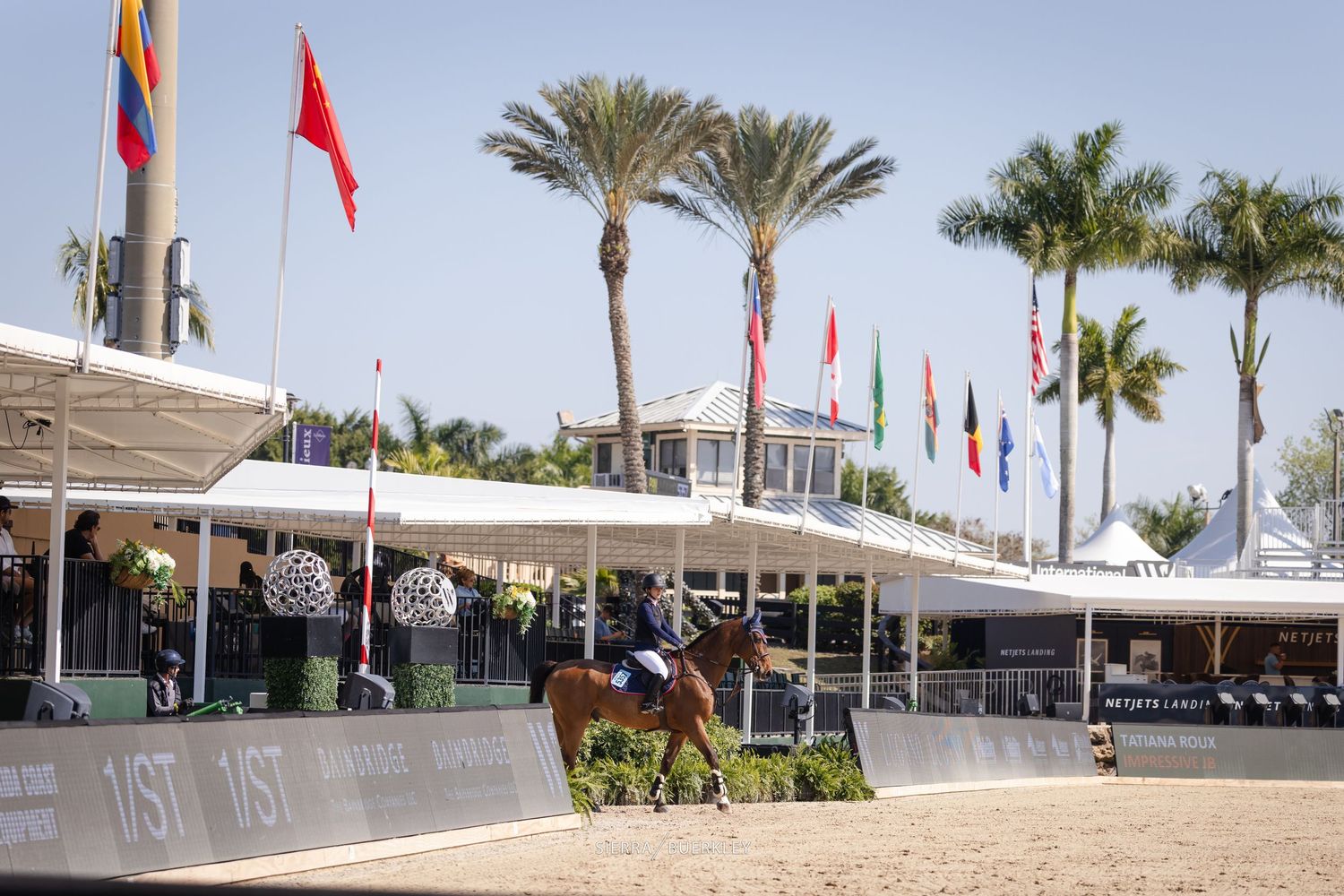 Equestrian show venue with palm trees and colorful flags decorating the competition arena.